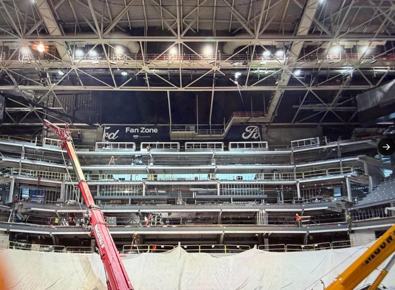 Construction work inside the Delta Center is pictured on Wednesday.