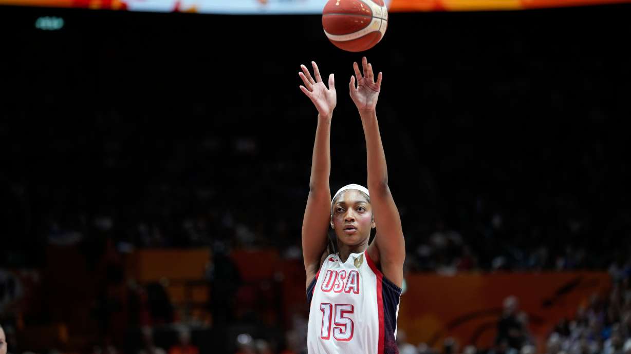Angel Reese, of the United States, shoots a freethrow during the Women's Basketball World Cup final match between the United States and France in Berlin, Sunday, Sept. 13, 2026.
