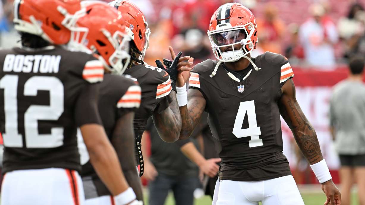 Cleveland Browns quarterback Deshaun Watson (4) greets his teammates before an NFL football game against the Tampa Bay Buccaneers in Tampa, Fla., Sunday, Sept. 20, 2026.