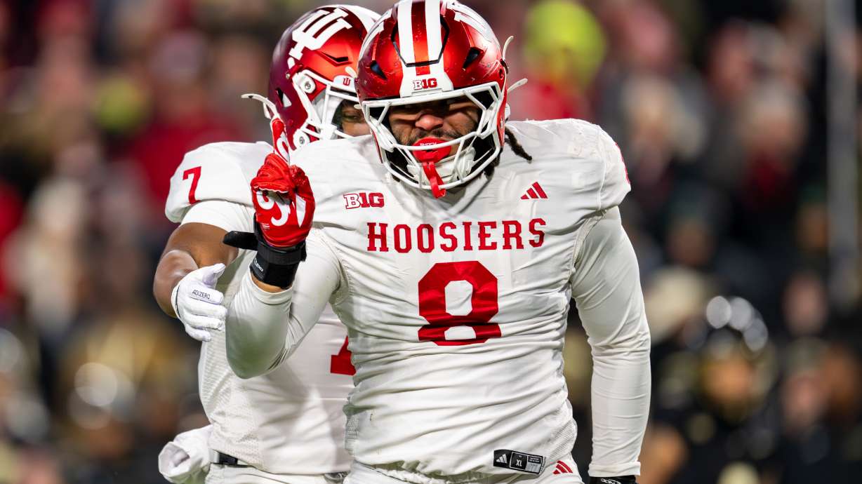FILE - Indiana defensive lineman Stephen Daley (8) reacts during an NCAA college football game against Purdue, Friday, Nov. 28, 2025, in West Lafayette, Ind.