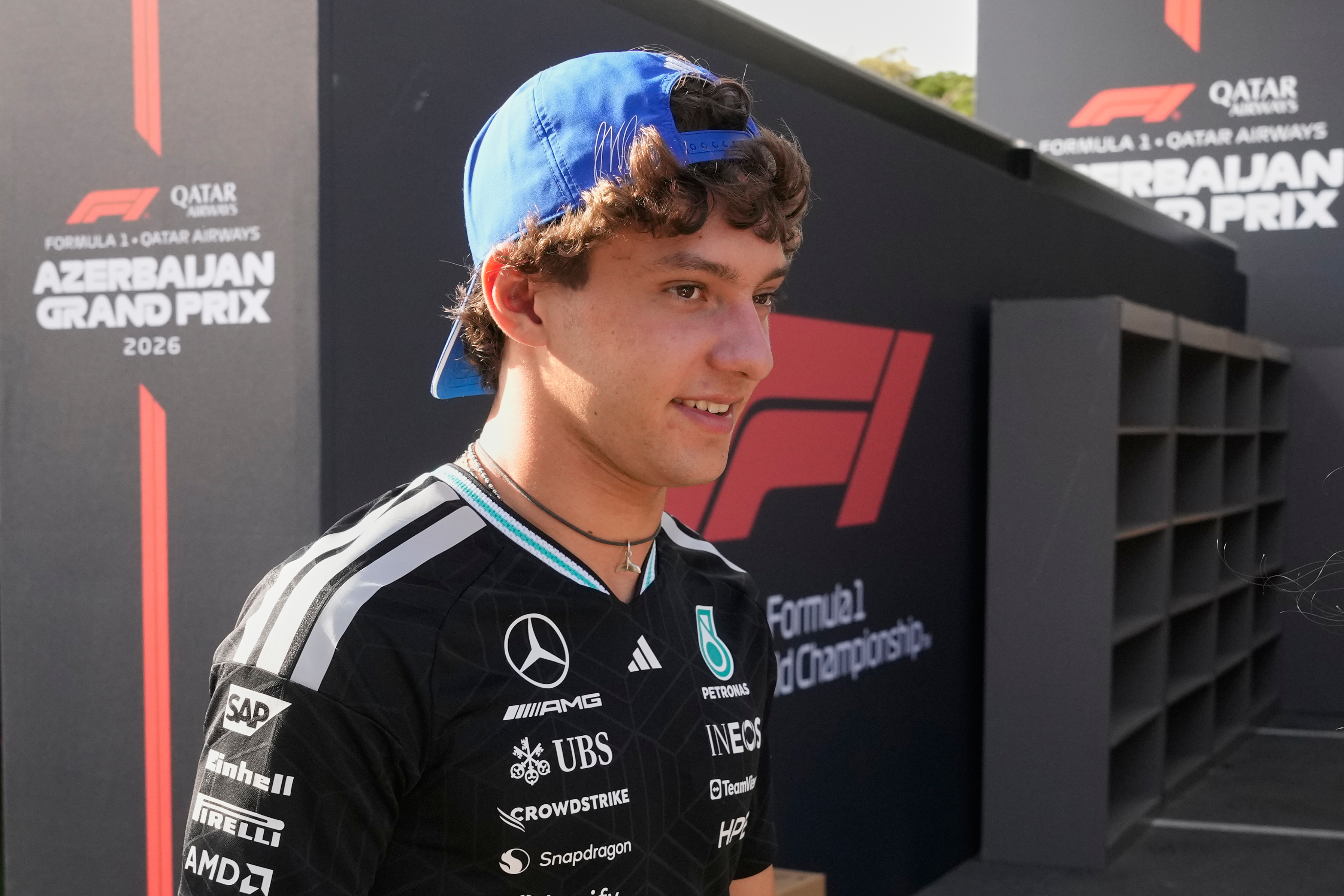 Mercedes driver Andrea Kimi Antonelli of Italy walks through the paddock ahead of the Azerbaijan F1 Grand Prix, in Baku, Azerbaijan, Wednesday, Sept. 23, 2026. 