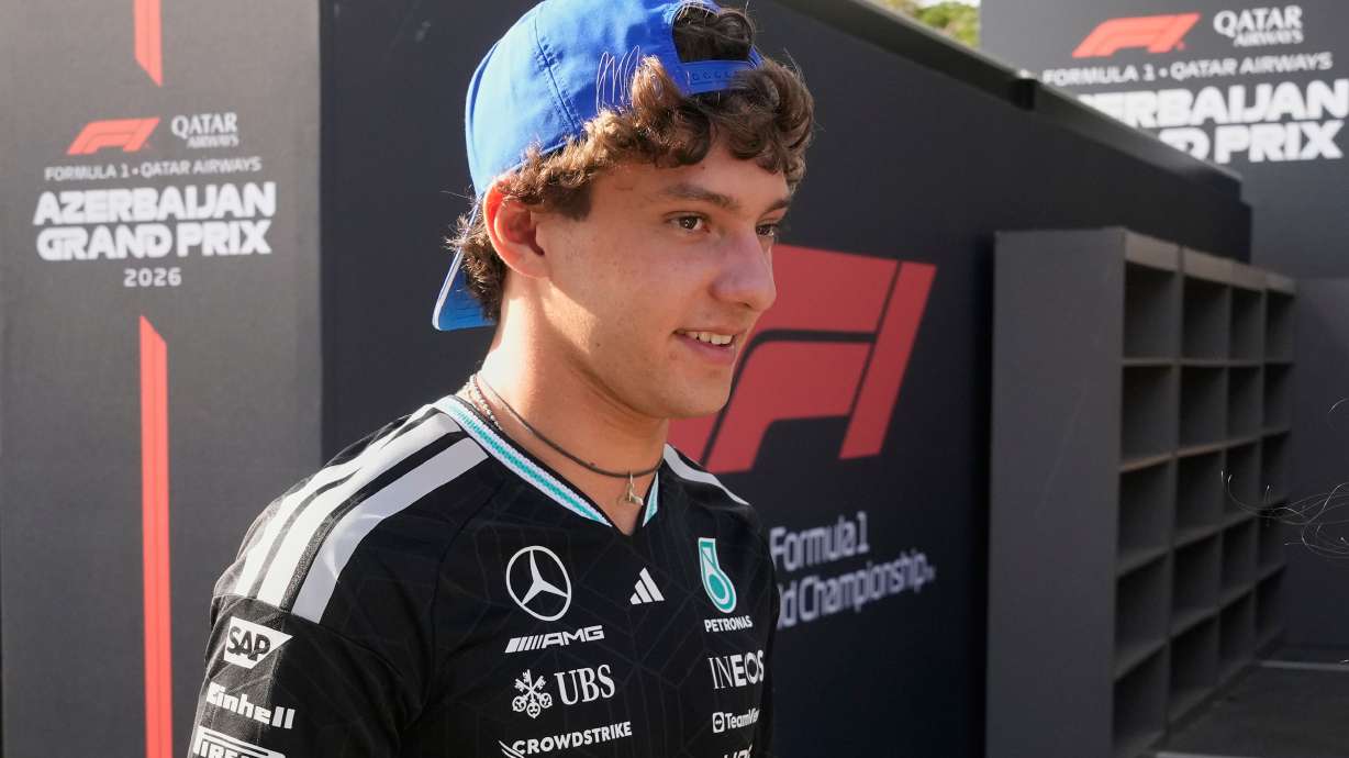 Mercedes driver Andrea Kimi Antonelli of Italy walks through the paddock ahead of the Azerbaijan F1 Grand Prix, in Baku, Azerbaijan, Wednesday, Sept. 23, 2026.