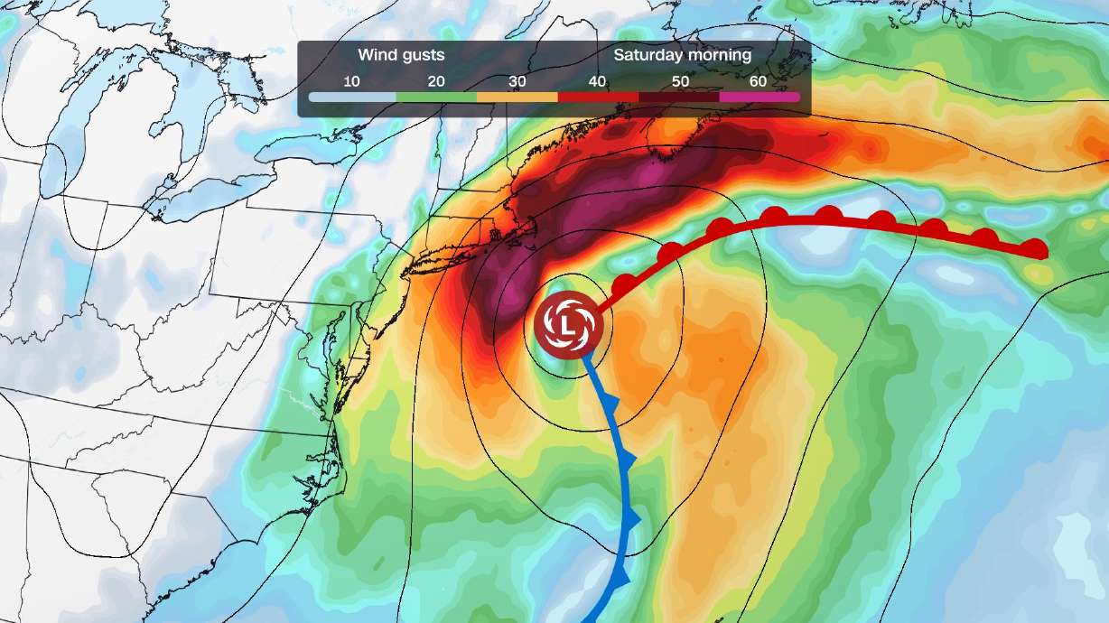 A computer model forecast of the storm's location and wind speeds on Saturday morning.