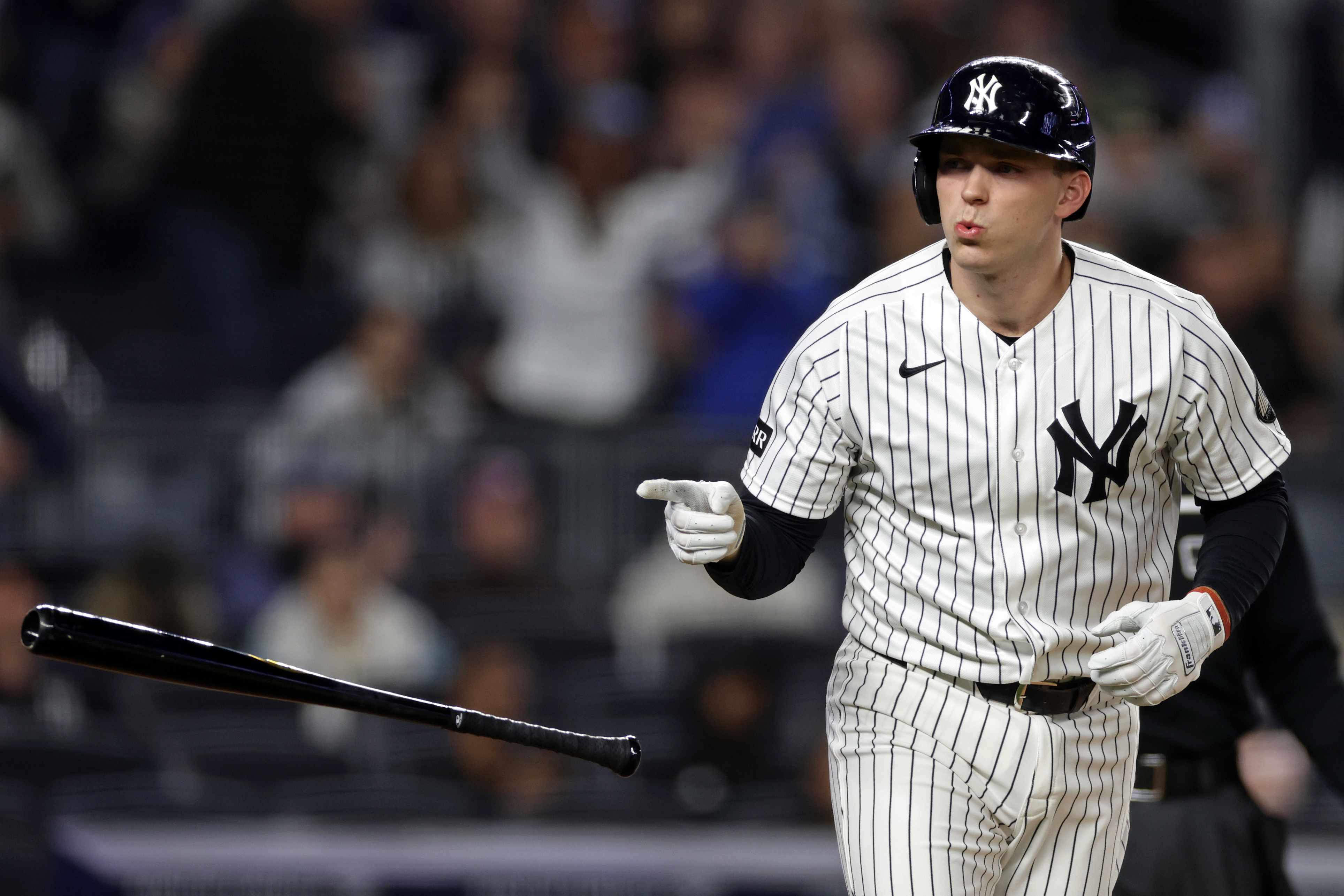 New York Yankees' Ben Rice reacts after hitting a solo home run during the first inning of a baseball game against the Tampa Bay Rays, Wednesday, Sept. 23, 2026, in New York. 