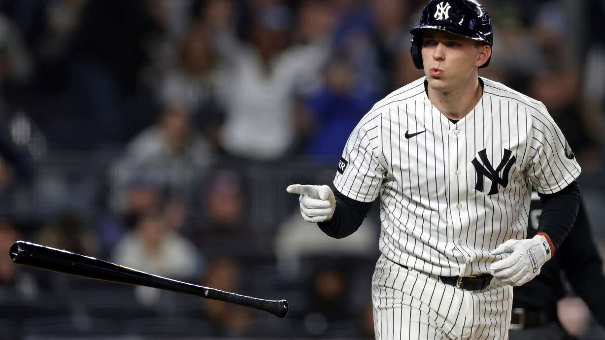 New York Yankees' Ben Rice reacts after hitting a solo home run during the first inning of a baseball game against the Tampa Bay Rays, Wednesday, Sept. 23, 2026, in New York.