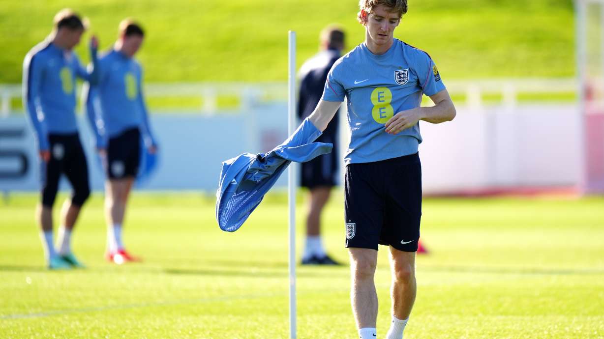England's Anthony Gordon during a training session in Burton-upon-Trent, England, Wednesday, Sept. 23, 2026.