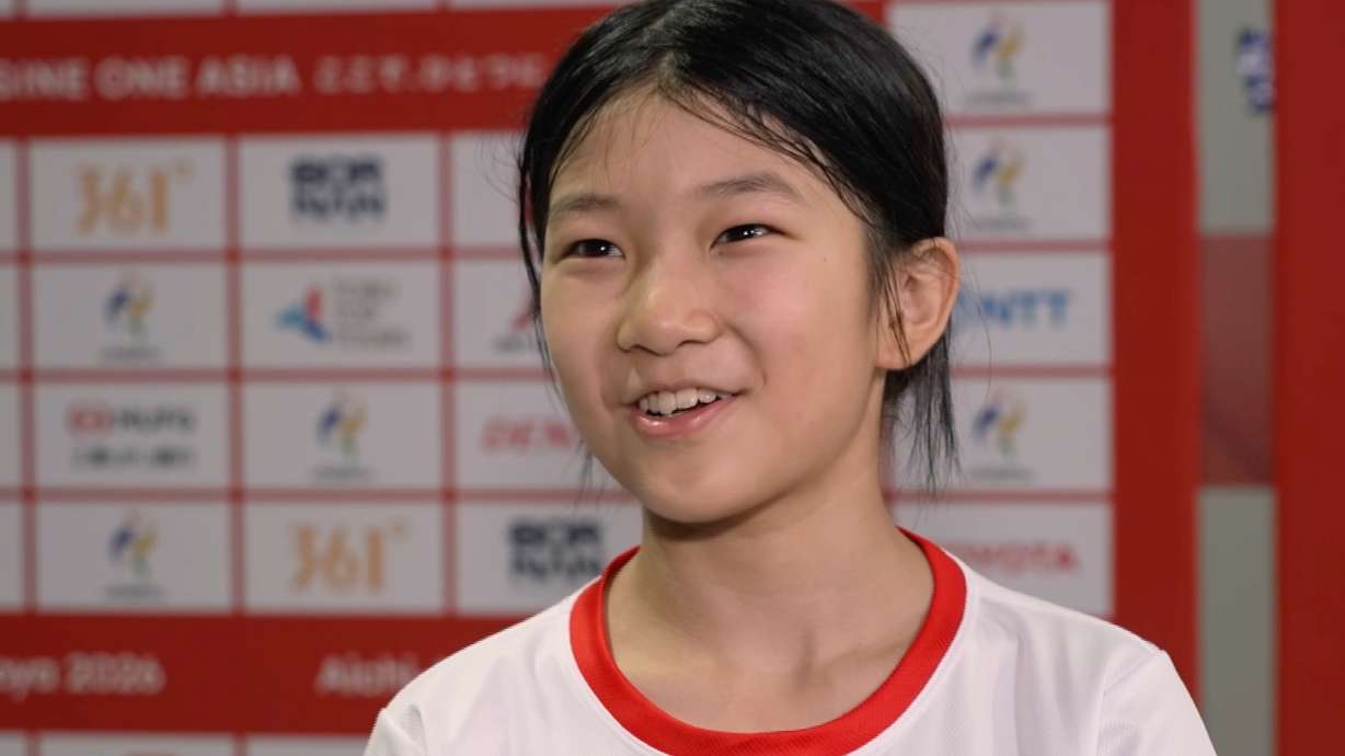 Kamus Wong, 12-year-old skateboarder from Hong Kong, speaks to the media in Nagoya, Japan, Thursday, Sept. 24, 2026.