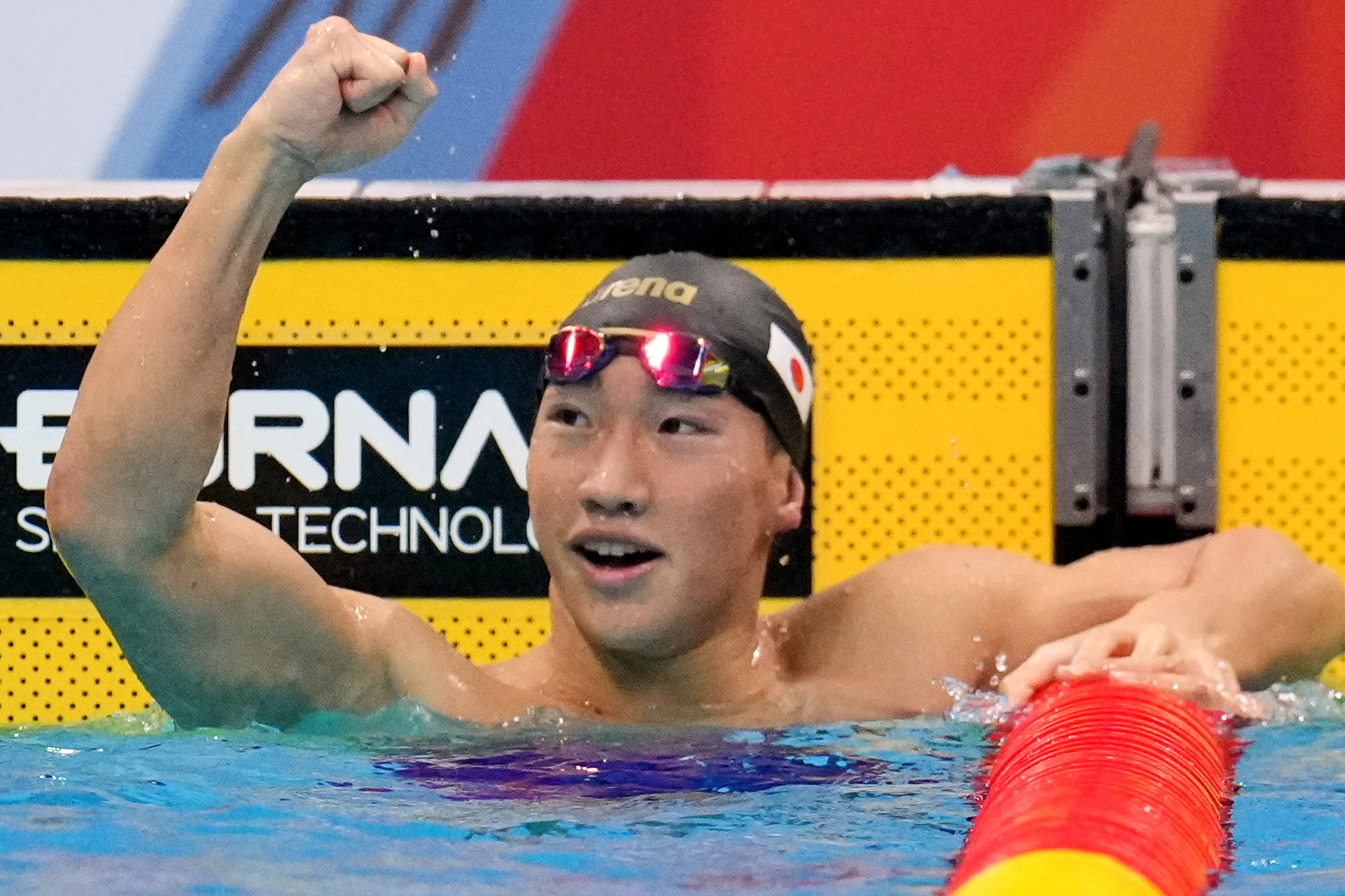 Shin Ohashi of Japan celebrates after winning the men's 200-meter breaststroke final in swimming at the Asian Games in Tokyo, Japan, Thursday, Sept. 24, 2026. 