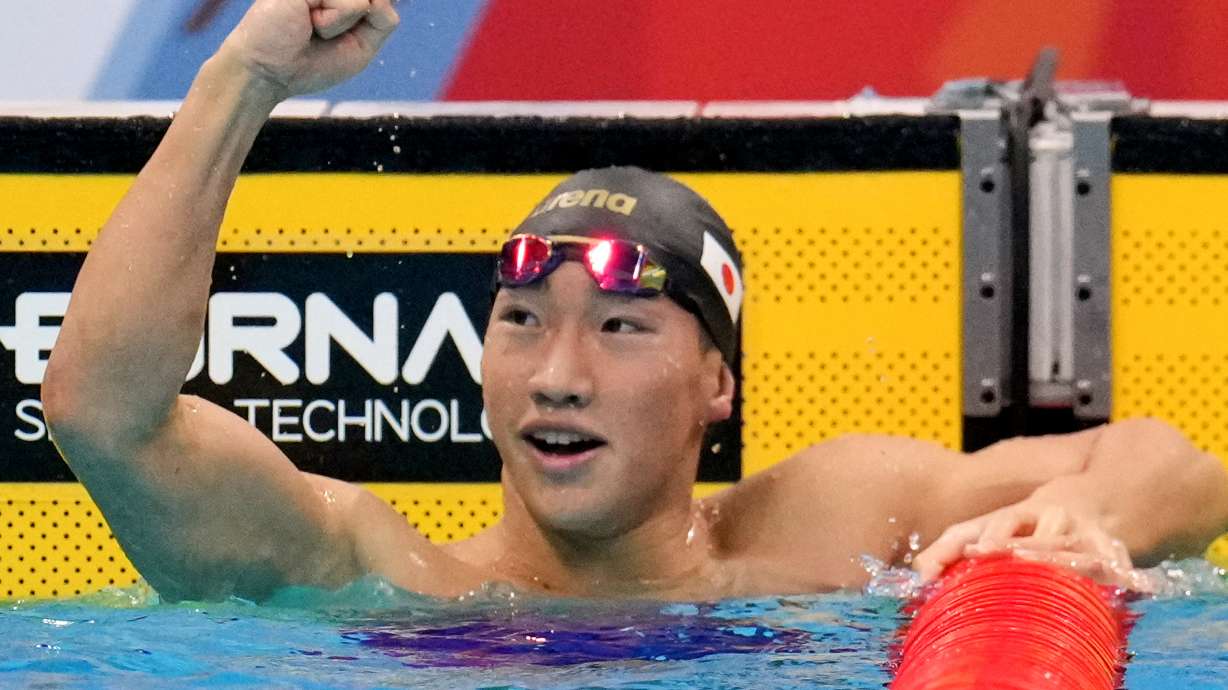 Shin Ohashi of Japan celebrates after winning the men's 200-meter breaststroke final in swimming at the Asian Games in Tokyo, Japan, Thursday, Sept. 24, 2026.
