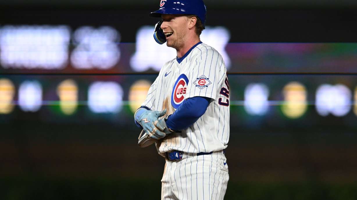 Chicago Cubs' Pete Crow-Armstrong celebrates after stealing second base during the third inning of a baseball game against the Miami Marlins Tuesday, Sept. 22, 2026, in Chicago.