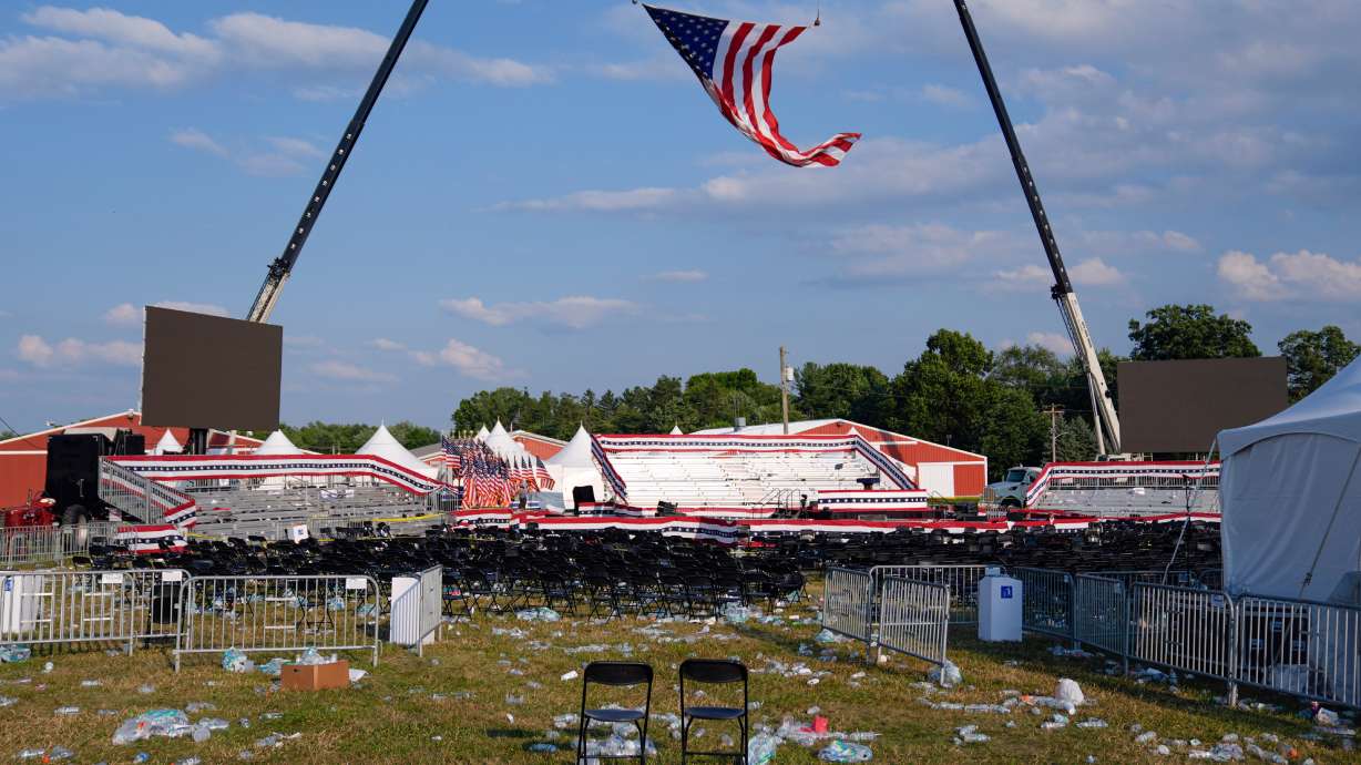 A campaign rally site for Republican presidential candidate former President Donald Trump is empty and littered with debris on July 13, 2024, in Butler, Pa. James Copenhaver, one of three campaign rally attendees shot in 2024 during an assassination attempt on Trump, has died.