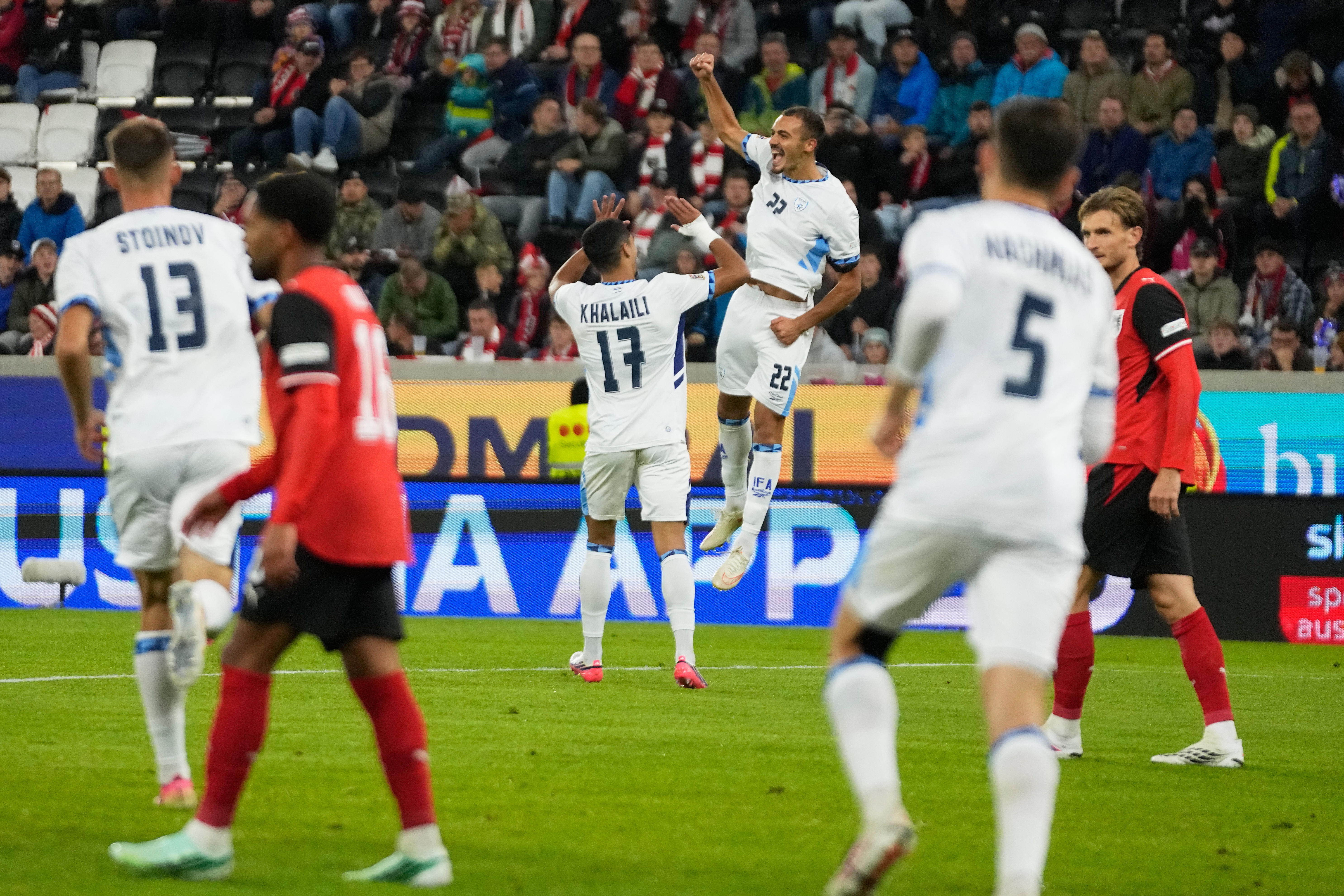 Israel's Saied Abu Farchi celebrates after scoring his sides first goal during the Nations League Group B3 soccer match between Austria and Israel in Linz, Austria, Thursday, Sept. 24, 2026. 