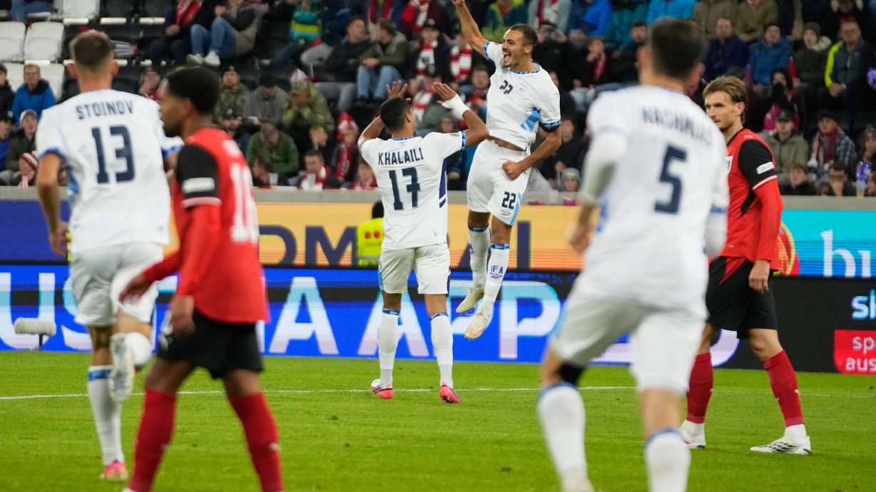 Israel's Saied Abu Farchi celebrates after scoring his sides first goal during the Nations League Group B3 soccer match between Austria and Israel in Linz, Austria, Thursday, Sept. 24, 2026.