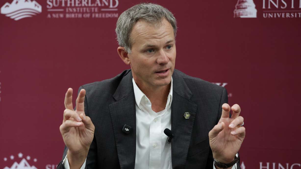 U.S. Rep. Blake Moore speaks during a Sutherland Institute Congressional Series event at the University of Utah Hinckley Institute of Politics on Thursday in Salt Lake City.