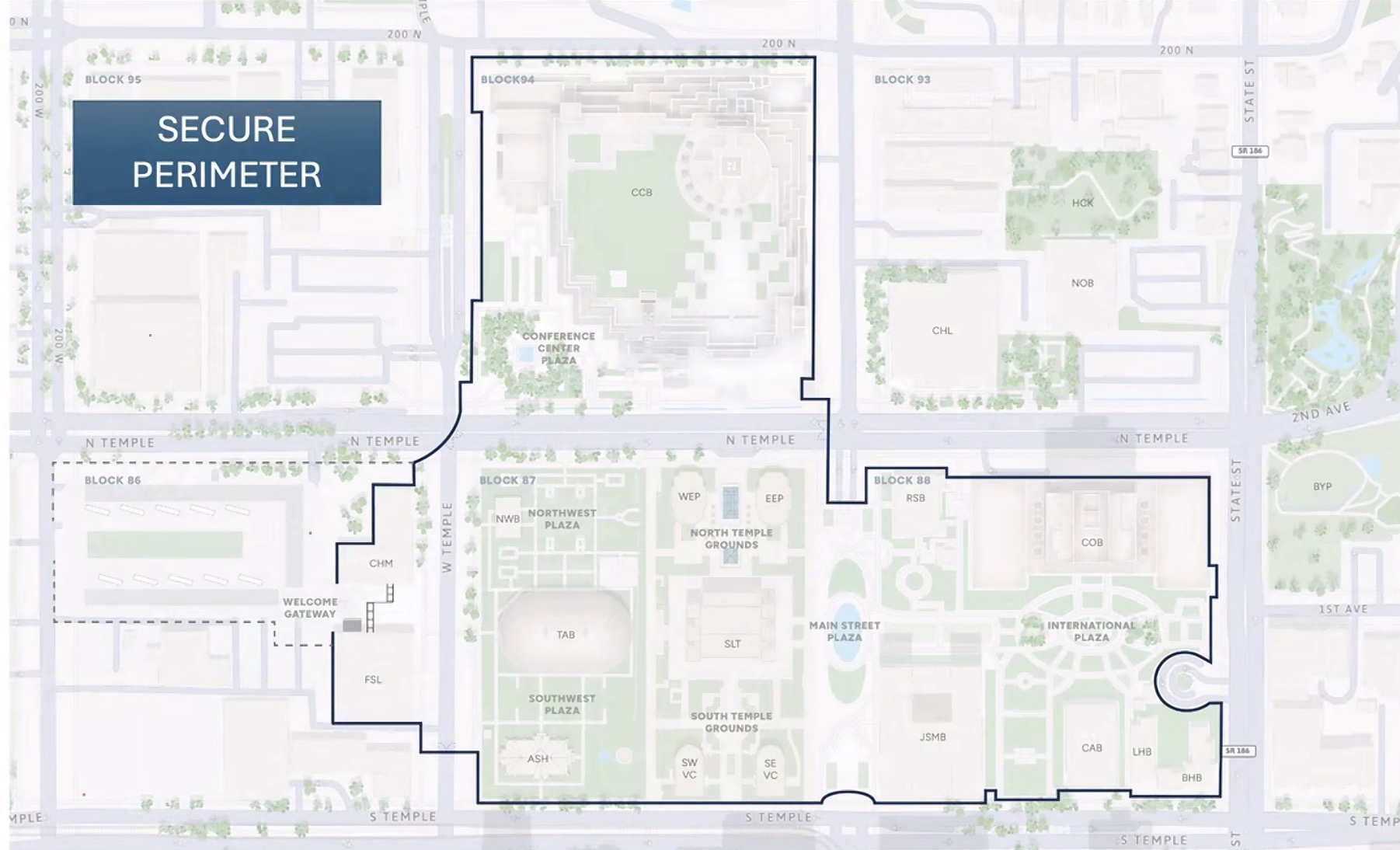 A map of the secure perimeter zone that The Church of Jesus Christ of Latter-day Saints plans to use for next year's Salt Lake Temple open house.