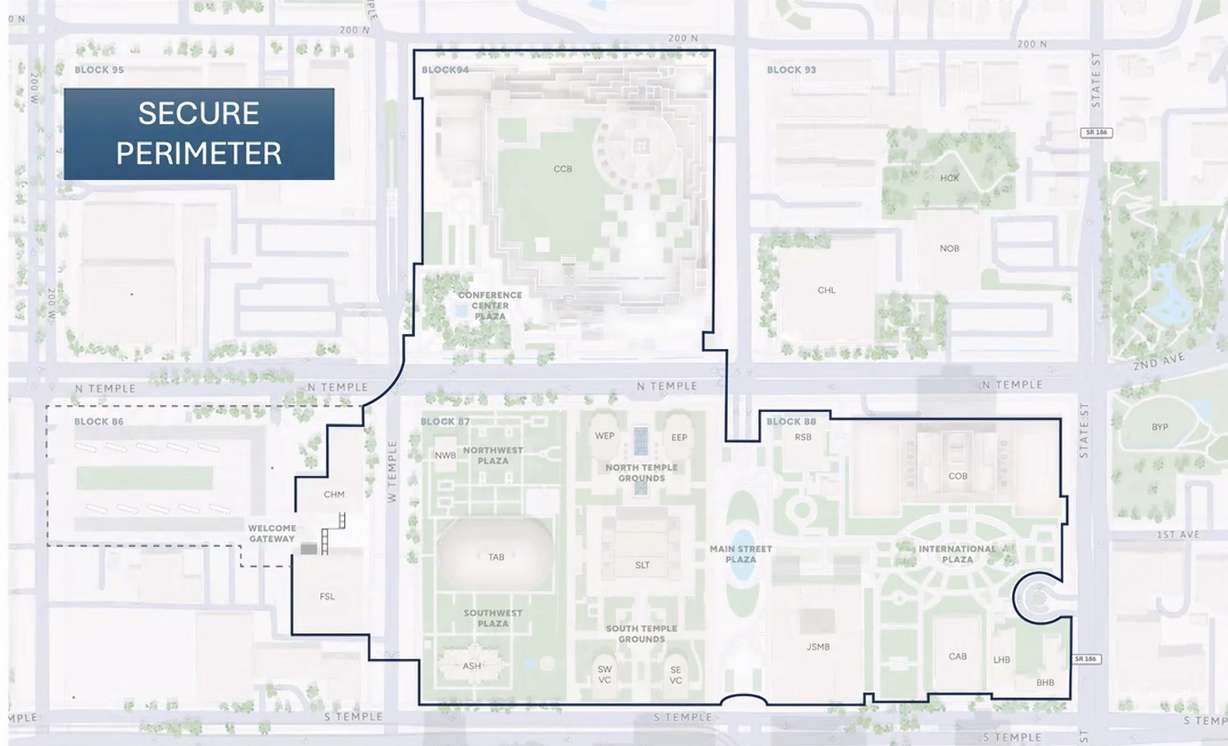 A map of the secure perimeter zone that The Church of Jesus Christ of Latter-day Saints plans to use for next year's Salt Lake Temple open house.