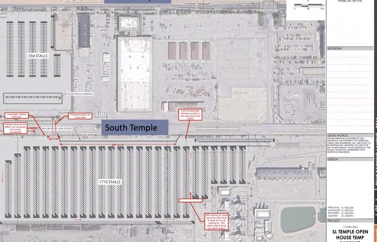 This map shows The Church of Jesus Christ of Latter-day Saints' parking lot plan on the west side for next year's Salt Lake Temple open house.