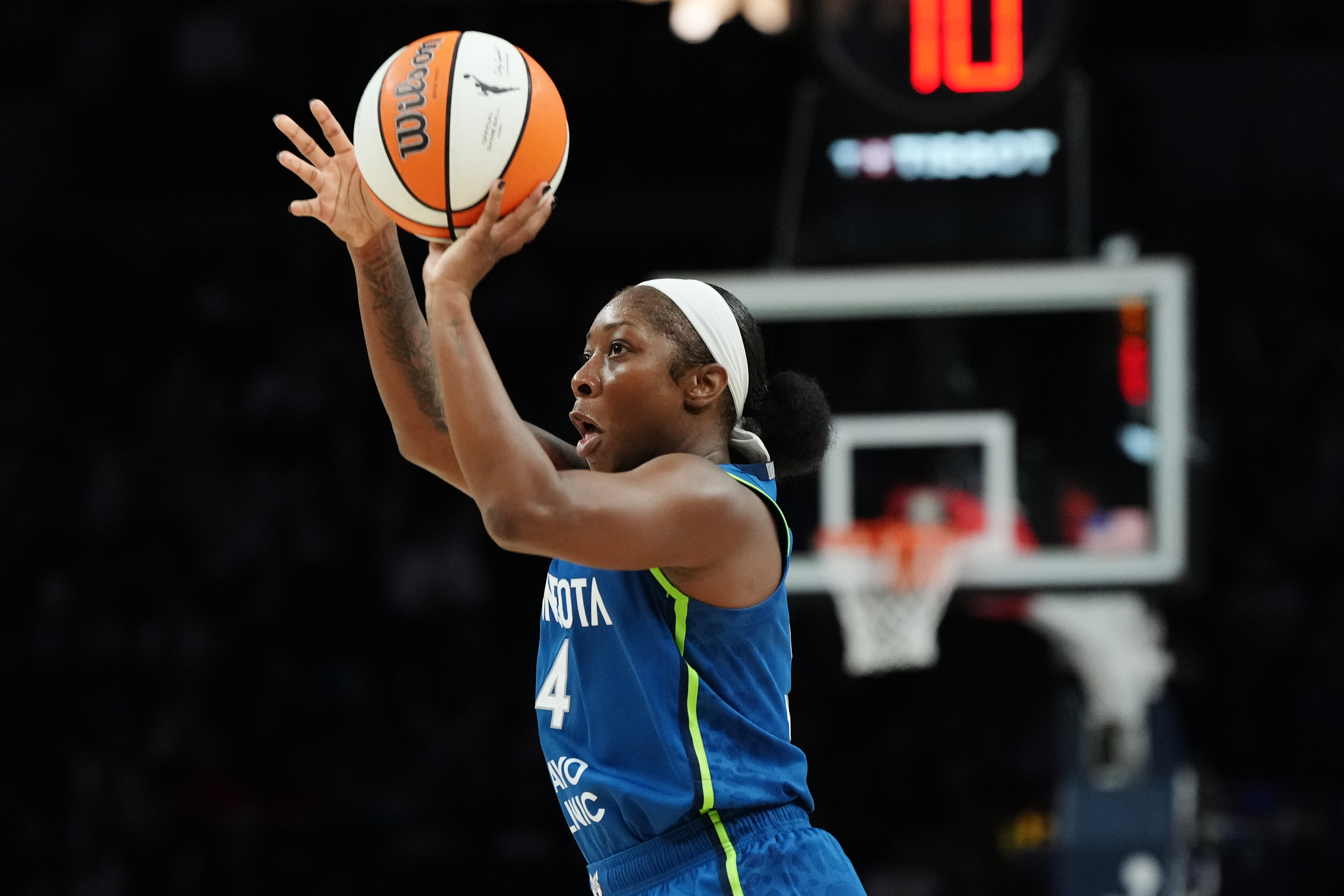 Minnesota Lynx guard Aari McDonald looks to shoot during the second half of a WNBA basketball game against the Indiana Fever, Thursday, Sept. 24, 2026, in Minneapolis. 