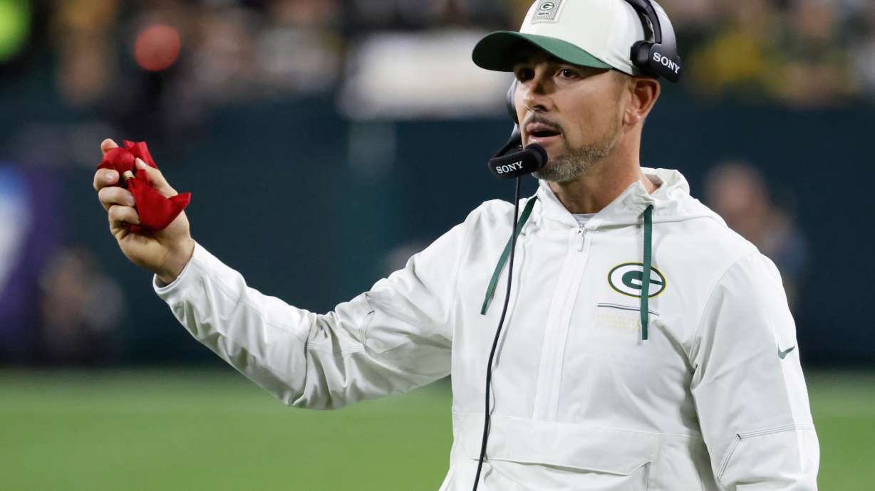 Green Bay Packers head coach Matt LaFleur argues a call during the first half of an NFL football game against the Atlanta Falcons in Green Bay, Wis., Thursday, Sept. 24, 2026.