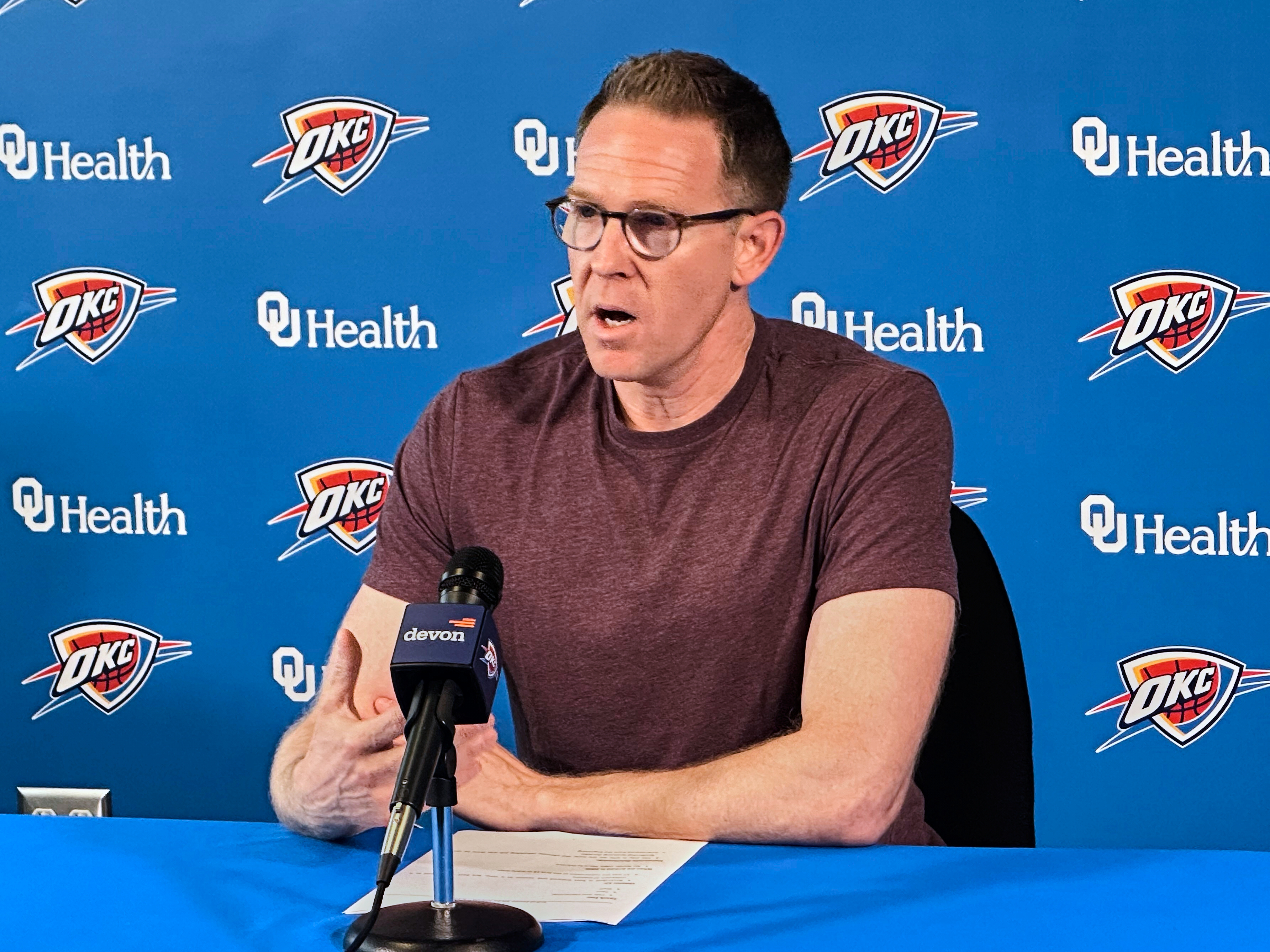 FILE - Oklahoma City Thunder general manager Sam Presti reflects on the team's first championship season during an NBA basketball press conference, Monday, June 30, 2025, in Oklahoma City. 