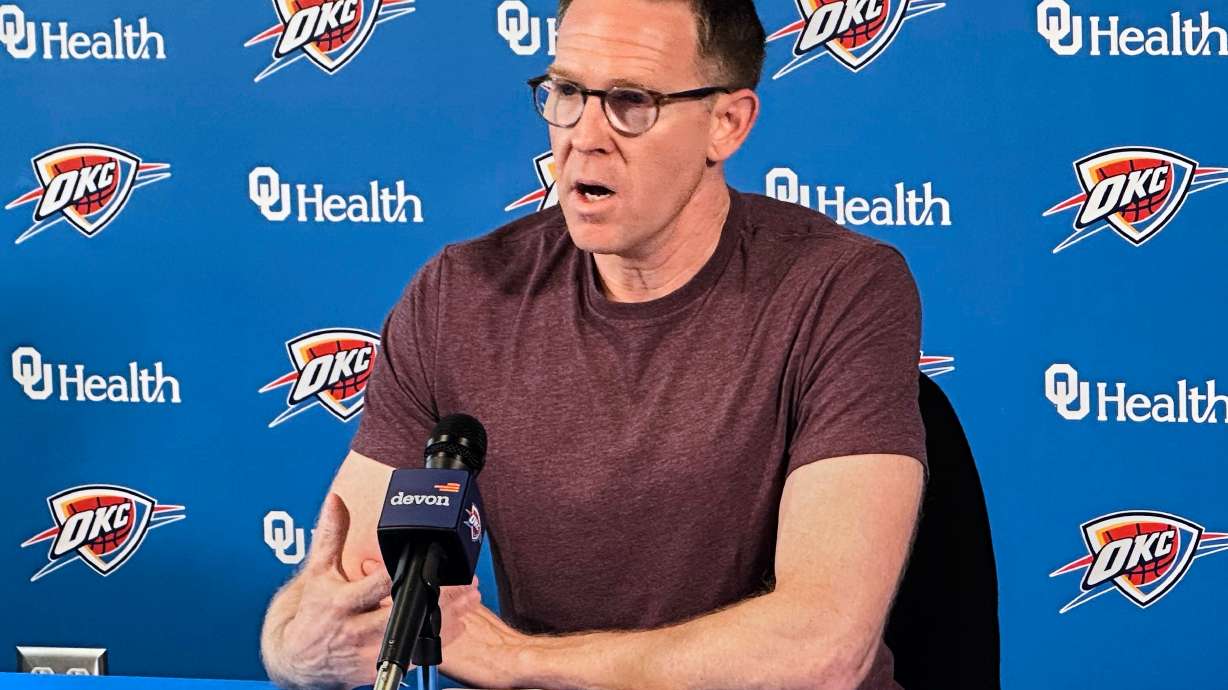 FILE - Oklahoma City Thunder general manager Sam Presti reflects on the team's first championship season during an NBA basketball press conference, Monday, June 30, 2025, in Oklahoma City.