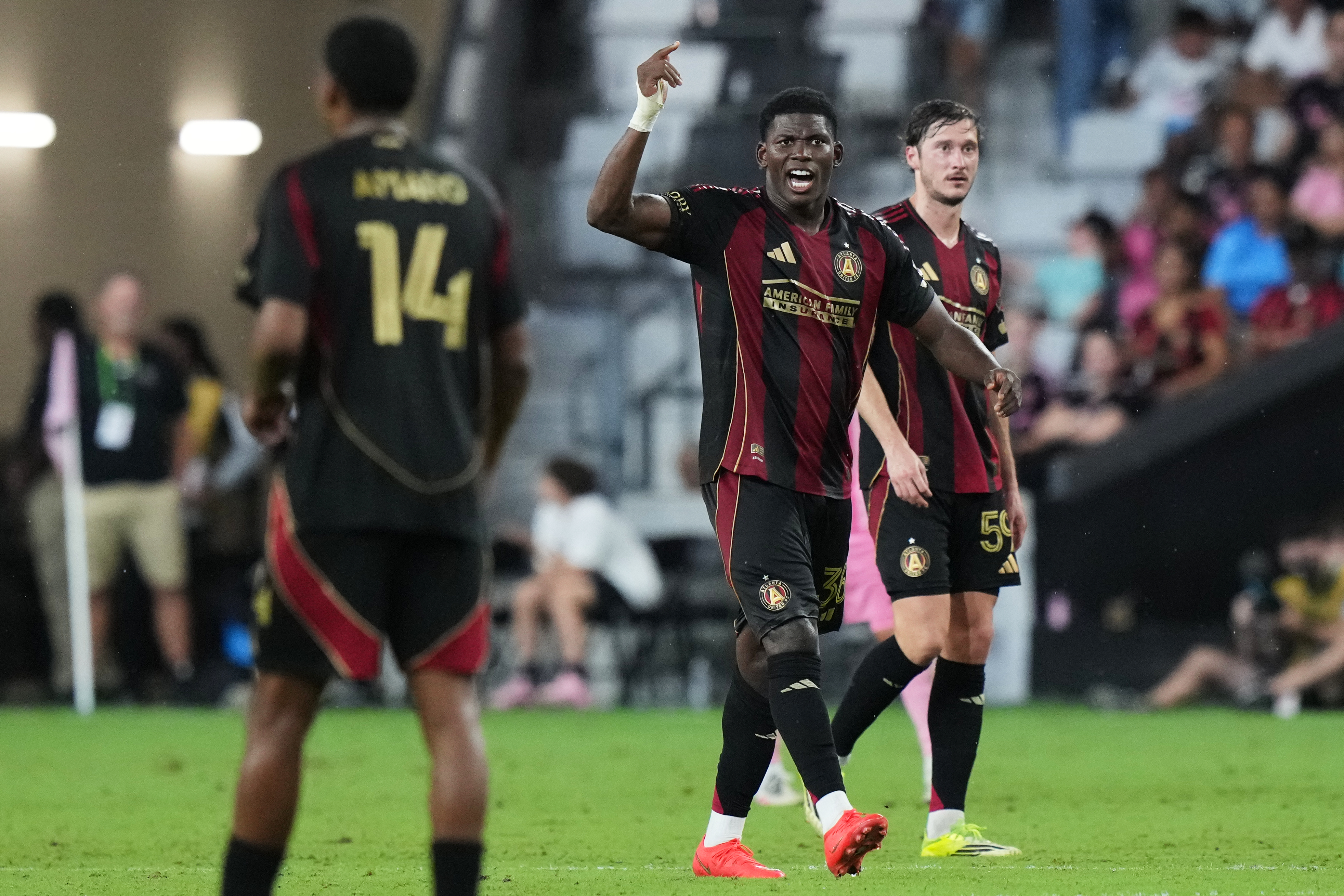 Atlanta United forward Breel Embolo celebrates after making a penalty kick during the second half of an MLS soccer match against Inter Miami, Saturday, Sept. 5, 2026, in Miami. 