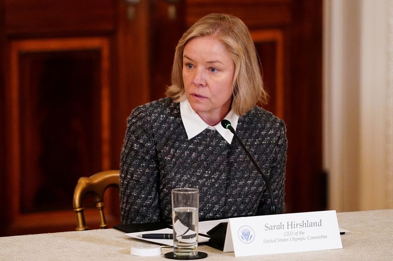 CEO of the U.S. Olympic and Paralympic Committee Sarah Hirshland speaks during a round table on collegiate sports in the White House in Washington, D.C., March 6, 2026.