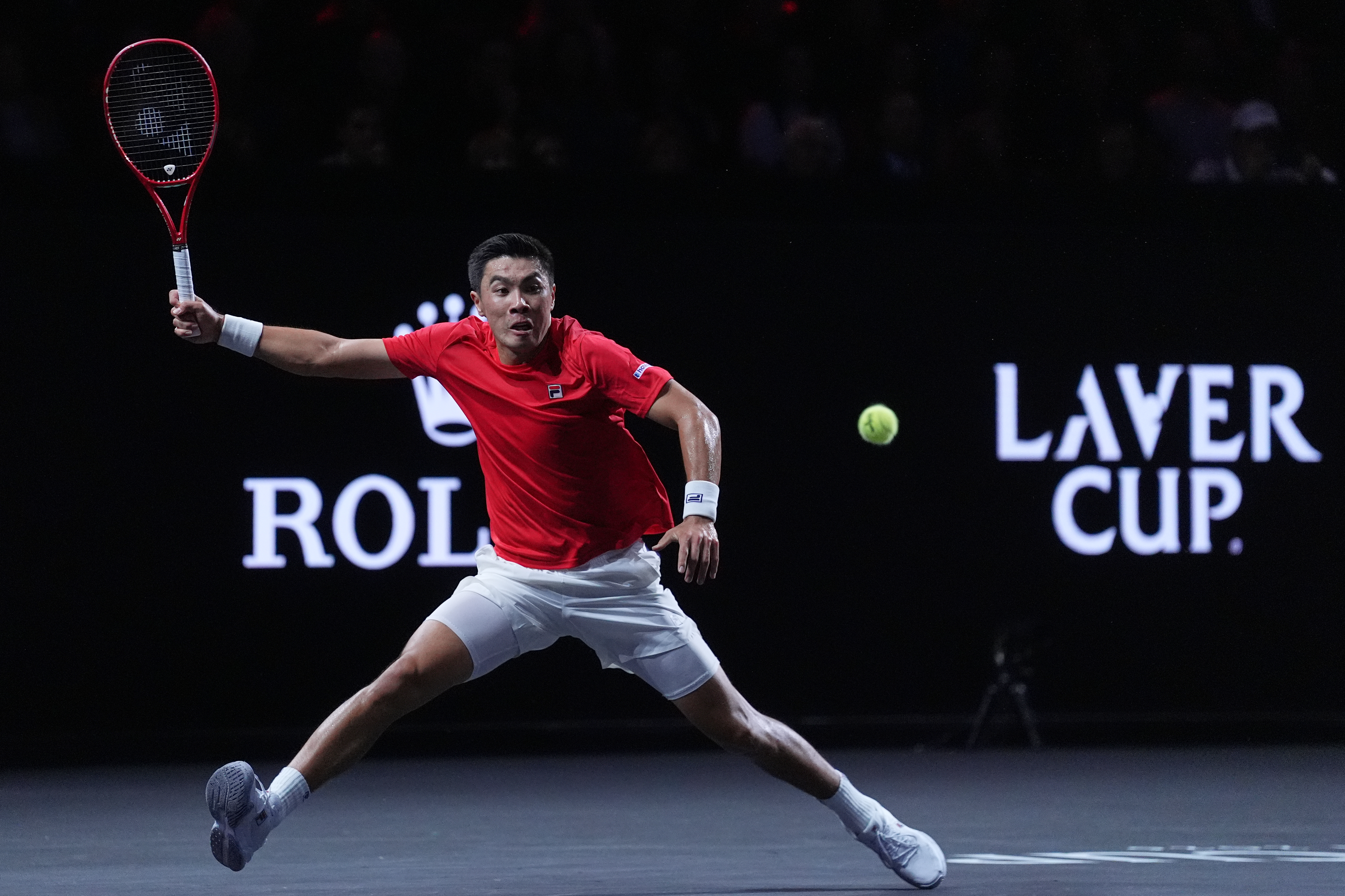Team World's Brandon Nakashima plays a return to Team Europe's Jakub Mensik during a Laver Cup tennis tournament match in London, Friday, Sept. 25, 2026. 