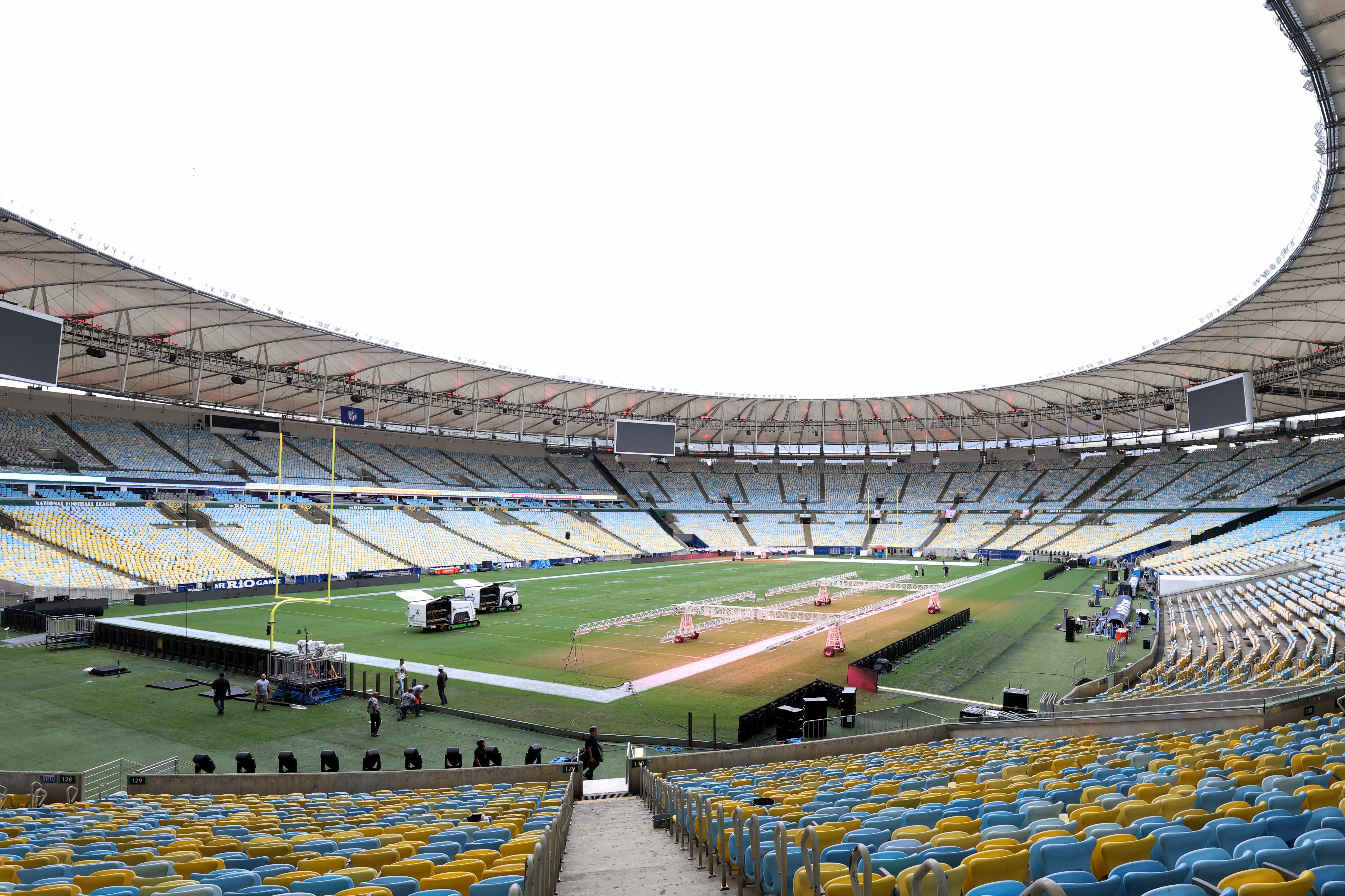 A general view of the interior of the Maracana stadium as workers prepare it for Sunday's NFL game between the Dallas Cowboys and the Baltimore Ravens in Rio de Janeiro, Brazil, Thursday, Sept. 24, 2026. 
