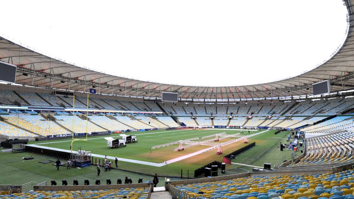 A general view of the interior of the Maracana stadium as workers prepare it for Sunday's NFL game between the Dallas Cowboys and the Baltimore Ravens in Rio de Janeiro, Brazil, Thursday, Sept. 24, 2026.