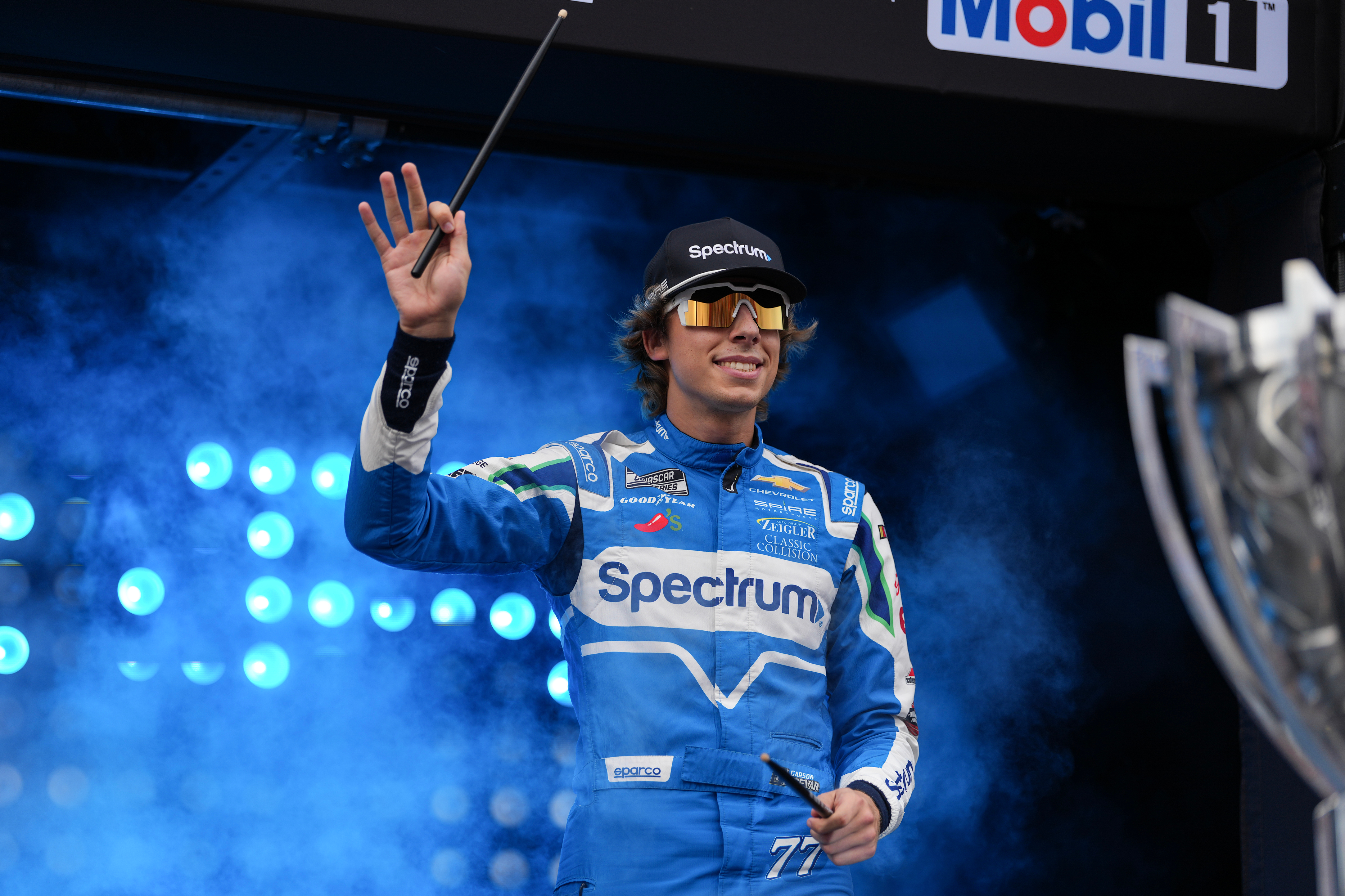 Carson Hocevar is introduced to fans prior to a NASCAR Cup Series auto race Sunday, Sept. 6, 2026, in Darlington, S.C. 