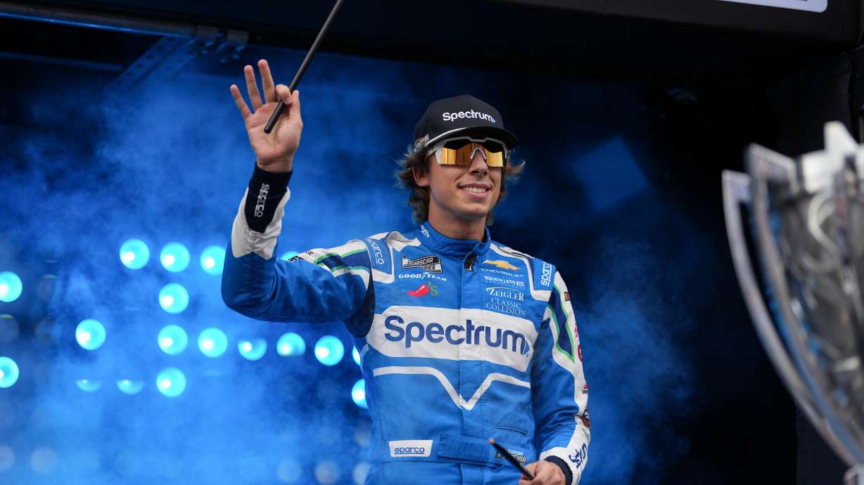 Carson Hocevar is introduced to fans prior to a NASCAR Cup Series auto race Sunday, Sept. 6, 2026, in Darlington, S.C.