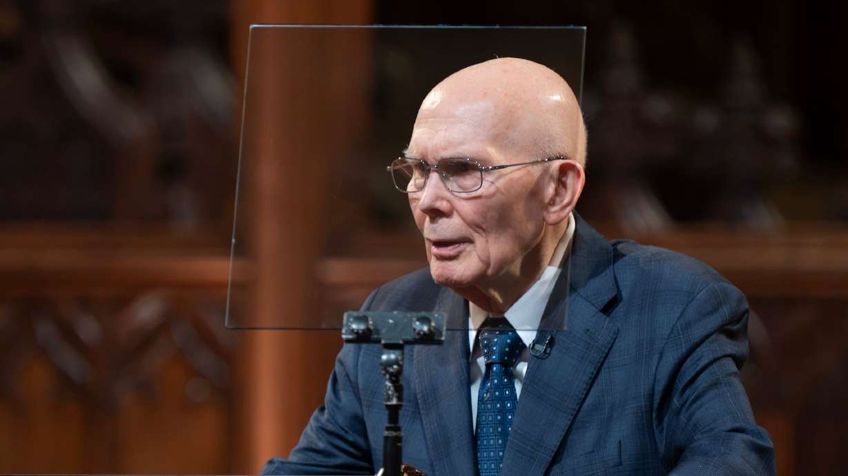 President Dallin H. Oaks of The Church of Jesus Christ of Latter-day Saints delivers the keynote address at the Washington National Cathedral in Washington, Sept. 16. A majority of Utah voters agree with Oaks' call for political compromise.