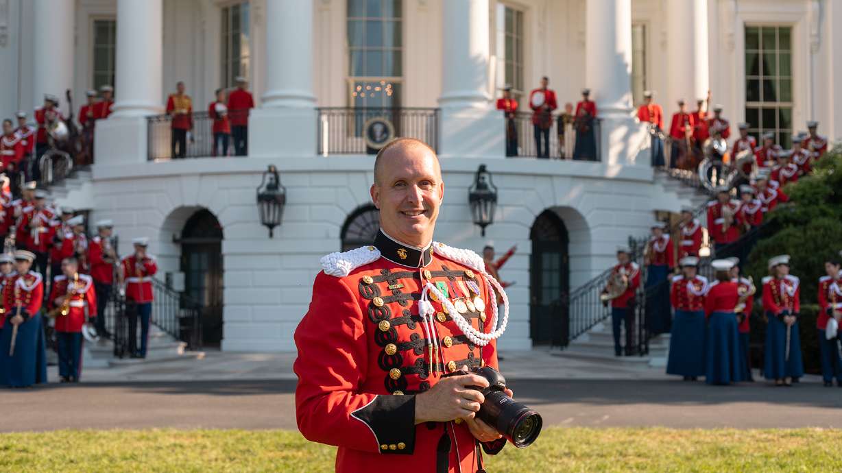 Master Sgt. Brian Rust takes the official U.S. Marine Band's 2024 portrait at the White House.