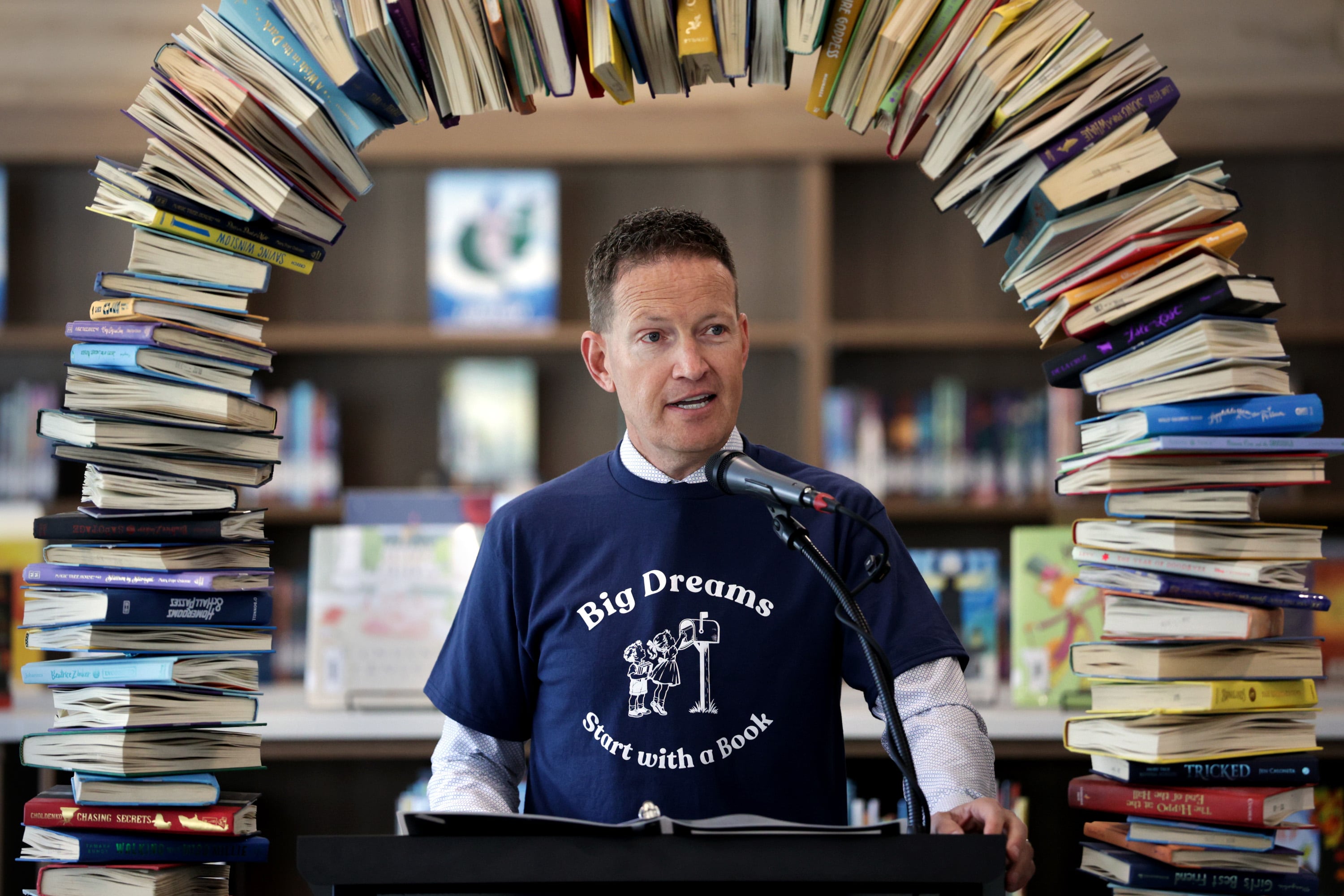 Canyons School District Superintendent McKay Robinson speaks during a Dolly Parton Day event at Glacier Hills Elementary School, Friday, in Sandy. The Dolly Parton Imagination Library is partnering with the Canyons Education Foundation to provide free books to every preschool child living in the Canyons boundaries.