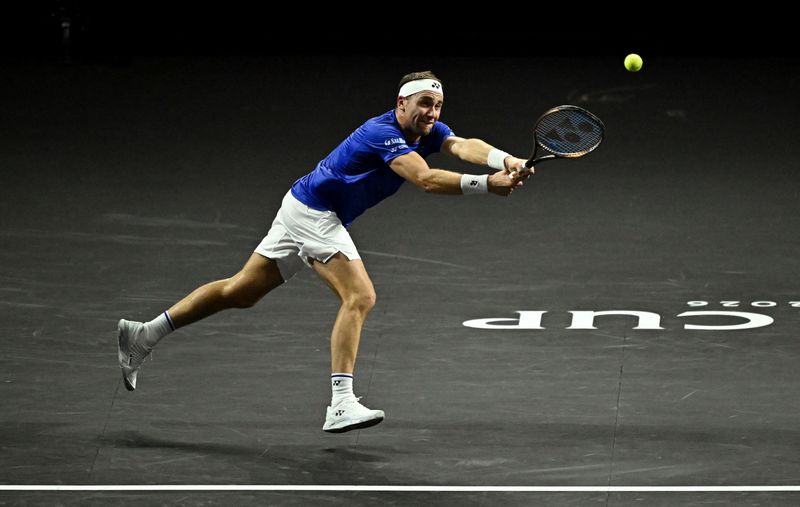 Tennis - Laver Cup - O2 Arena, London, Britain - September 25, 2026 Team Europe's Casper Ruud in action during his singles match against Team World's Francisco Cerundolo
