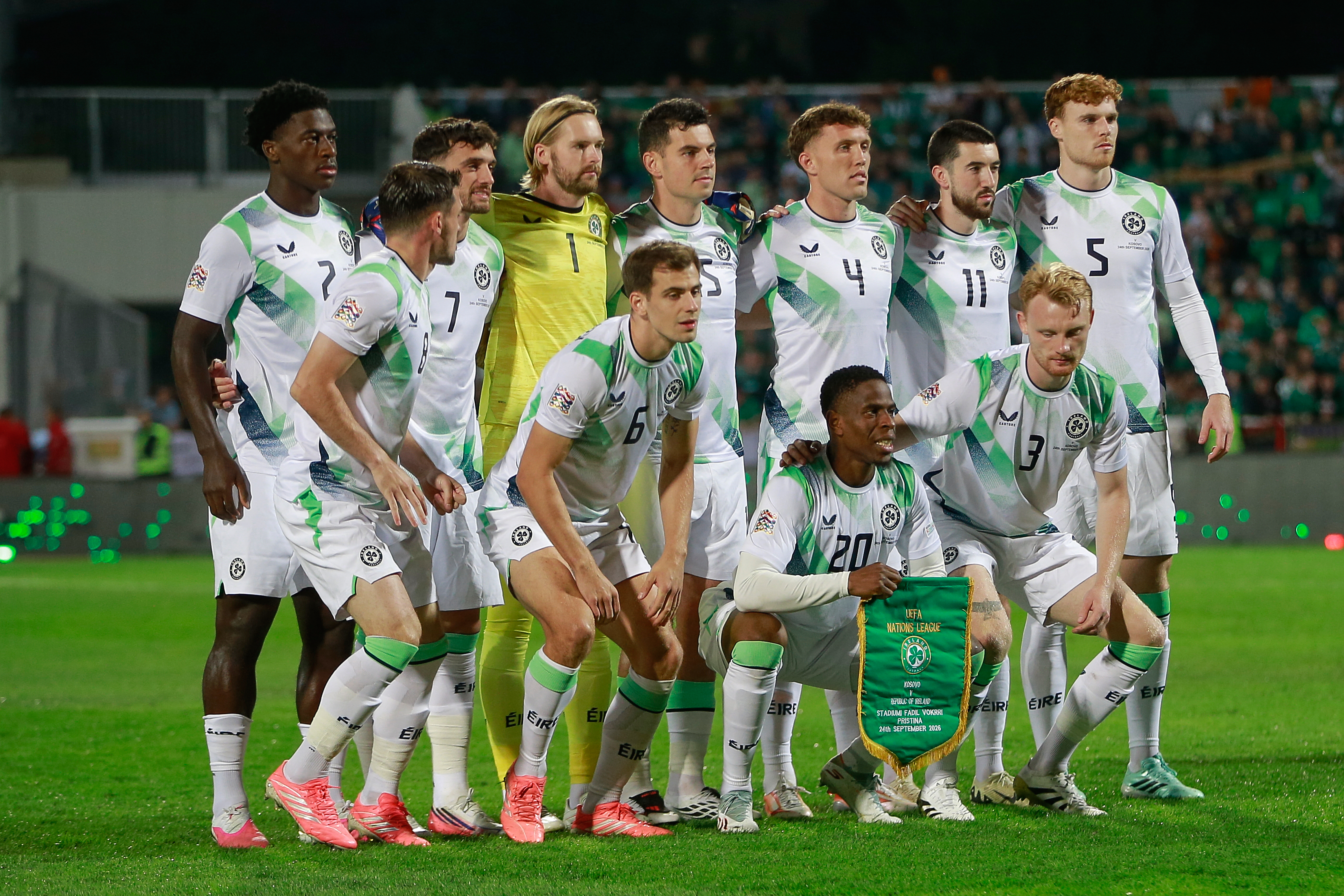 Ireland's players pose for the team picture before the UEFA Nations League soccer match between Kosovo and Ireland in Pristina, Kosovo, Thursday, Sept. 24, 2026. 