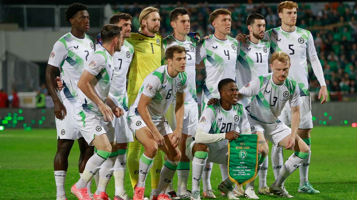 Ireland's players pose for the team picture before the UEFA Nations League soccer match between Kosovo and Ireland in Pristina, Kosovo, Thursday, Sept. 24, 2026.