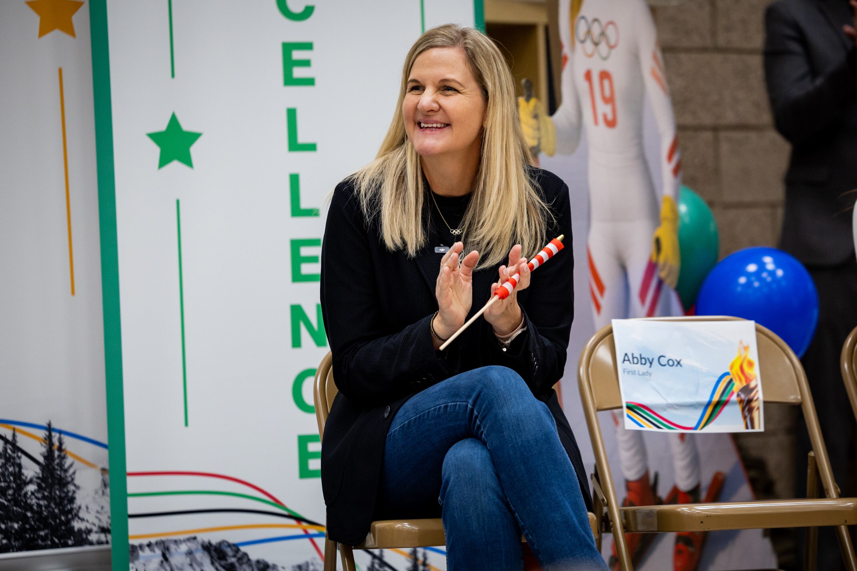 IOC President Kirsty Coventry speaks during an Olympic-style opening ceremony celebrating Washington Elementary’s participation in Champion Schools 34, Utah 2034's statewide education initiative from Ken Garff for Good, at Washington Elementary School in Salt Lake City on Wednesday. Coventry was in the state to discuss the 2034 Winter Olympics.