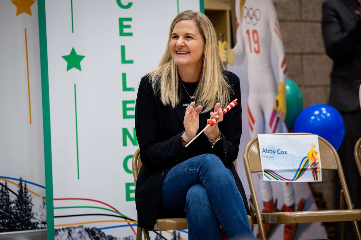 IOC President Kirsty Coventry speaks during an Olympic-style opening ceremony celebrating Washington Elementary’s participation in Champion Schools 34, Utah 2034's statewide education initiative from Ken Garff for Good, at Washington Elementary School in Salt Lake City on Wednesday. Coventry was in the state to discuss the 2034 Winter Olympics.