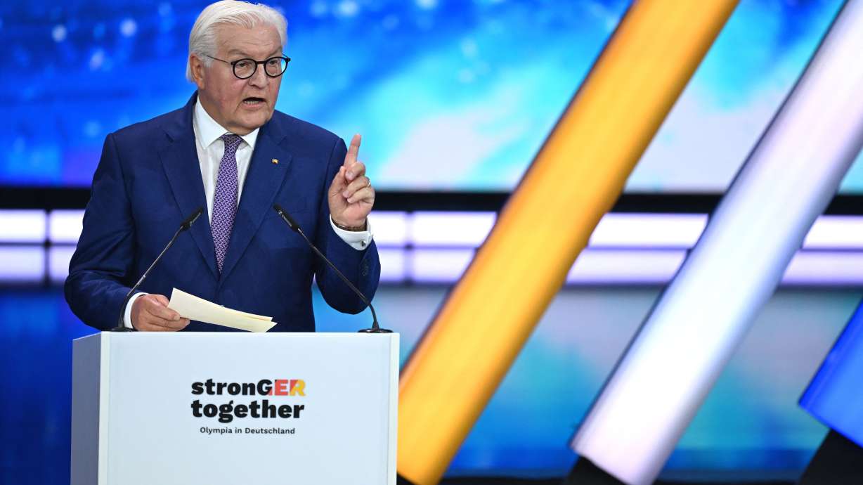 Germany's President Frank-Walter Steinmeier speaks at the extraordinary DOSB General Assembly to select Germany's Olympic bid for 2036, 2040, or 2044 in Baden-Baden, Germany, Saturday Sept. 26, 2026.