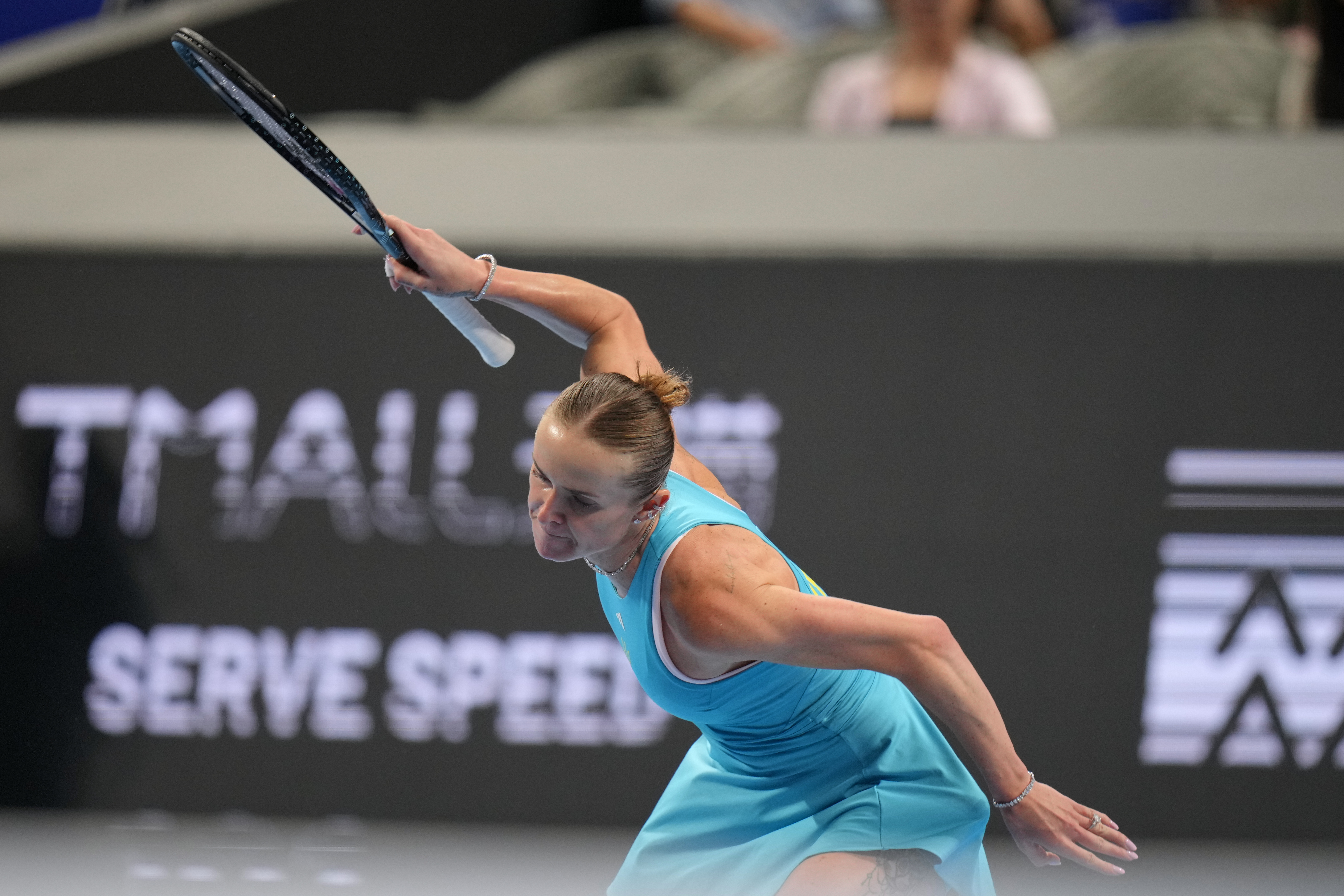 Elina Svitolina of Ukraine celebrates winning her match against Jasmine Paolini of Italy in the Billie Jean King Cup women's singles semifinal between Ukraine and Italy, in Shenzhen, China, Saturday, Sept. 26, 2026. 