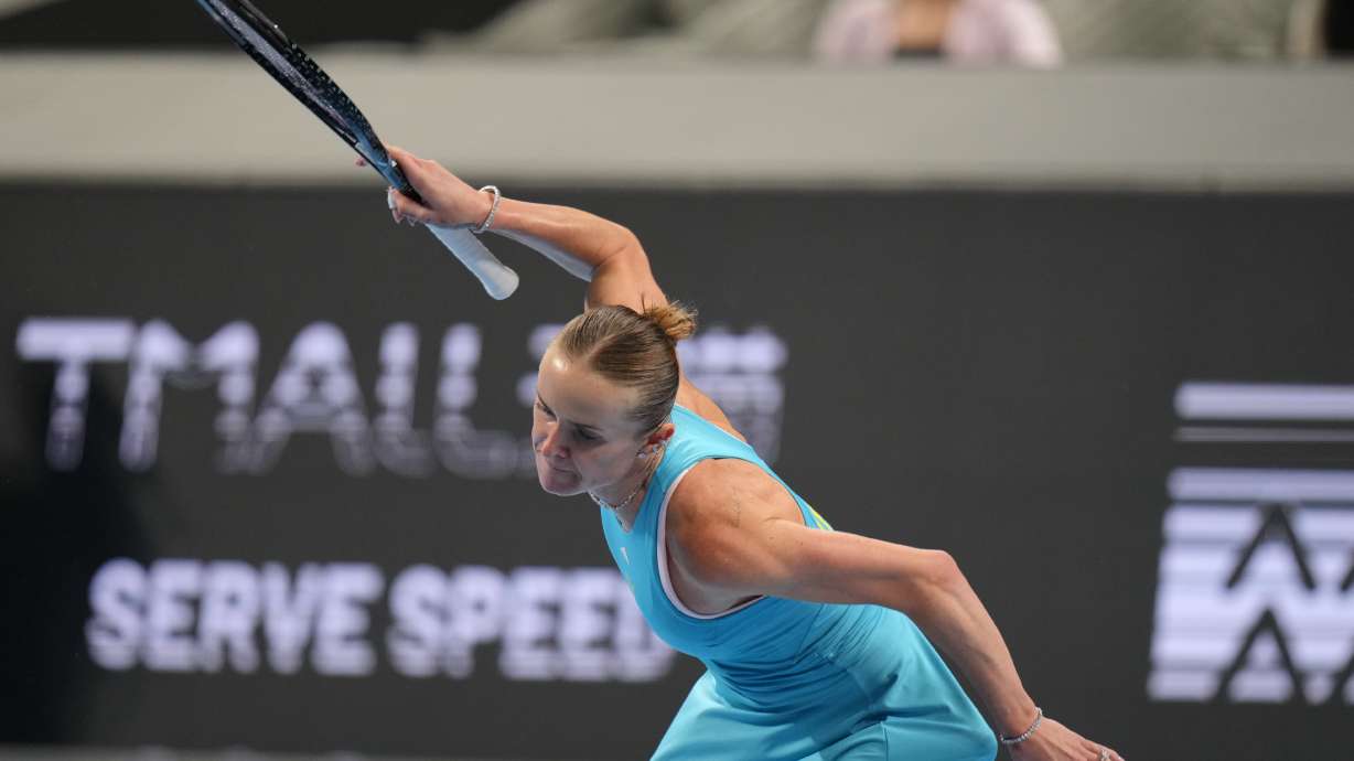 Elina Svitolina of Ukraine celebrates winning her match against Jasmine Paolini of Italy in the Billie Jean King Cup women's singles semifinal between Ukraine and Italy, in Shenzhen, China, Saturday, Sept. 26, 2026.