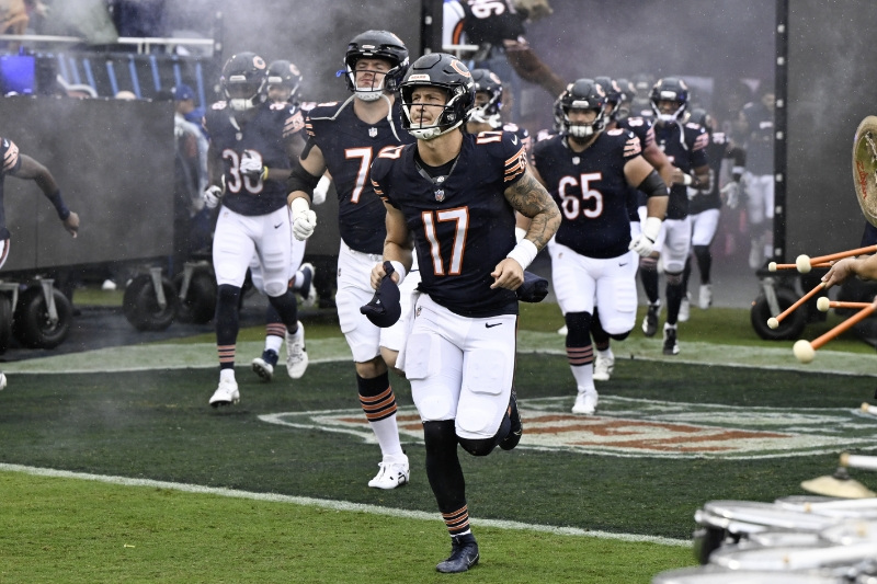 Sep 20, 2026; Chicago, Illinois, USA; Chicago Bears quarterback Tyson Bagent (17) runs onto the field before the game against the Minnesota Vikings at Soldier Field.