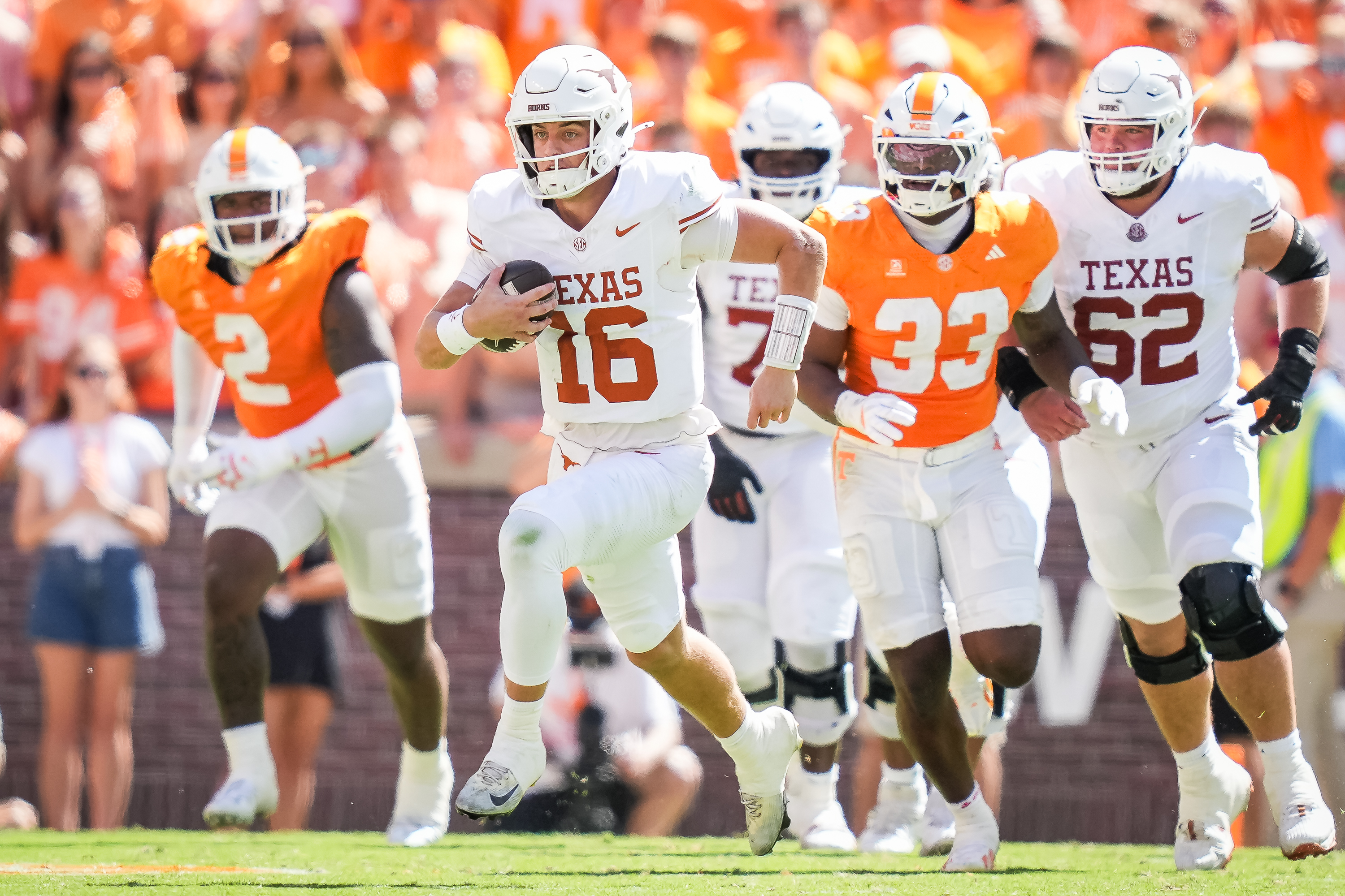 Texas quarterback Arch Manning (16) runs the ball during the first half an NCAA college football game against Tennessee in Knoxville, Tenn., Saturday, Sept. 26, 2026. 