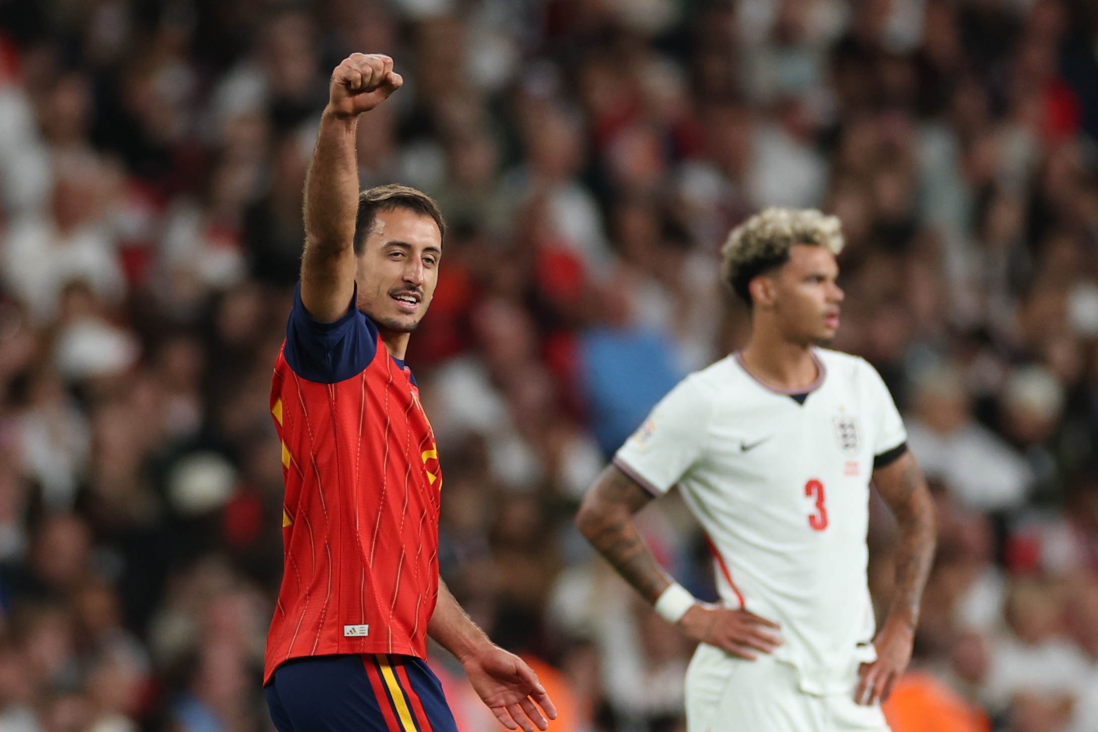 Spain's Mikel Oyarzabal, left celebrates after scoring his sides third goal during the Nations League Soccer match between England and Spain in London, Saturday, Sept. 26, 2026. 