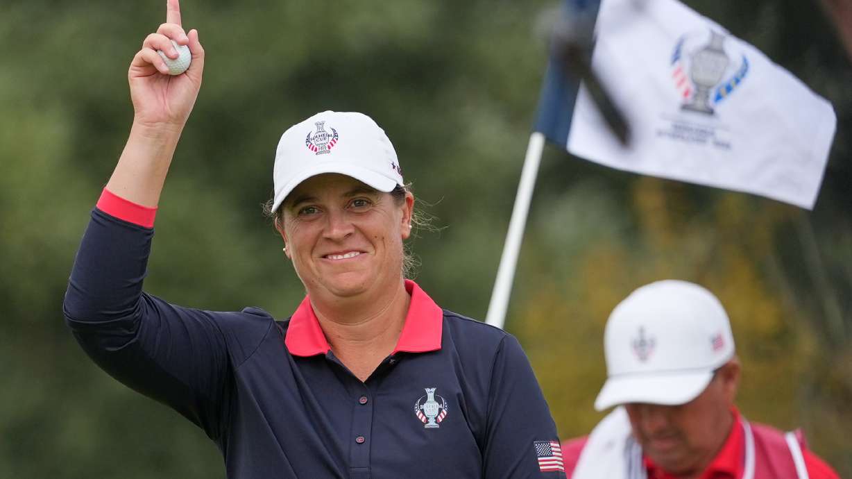 Lauren Coughlin of the United States reacts after holing a putt on the 5th green during the Solheim Cup in Den Bosch, Netherlands, Saturday, Sept. 12, 2026.