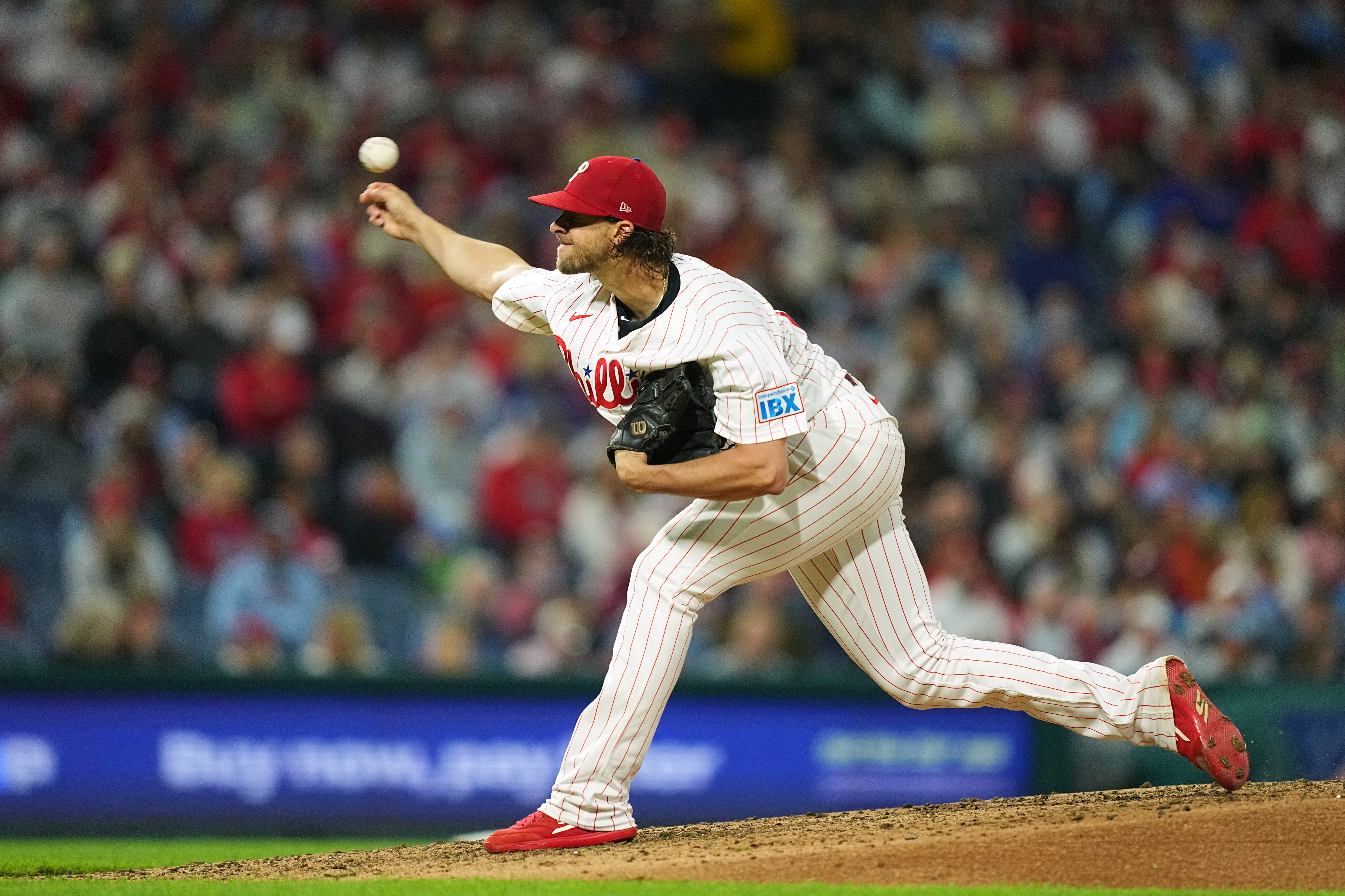 Philadelphia Phillies' Aaron Nola pitches during the fifth inning of a baseball game against the Milwaukee Brewers, Wednesday, Sept. 23, 2026, in Philadelphia. 
