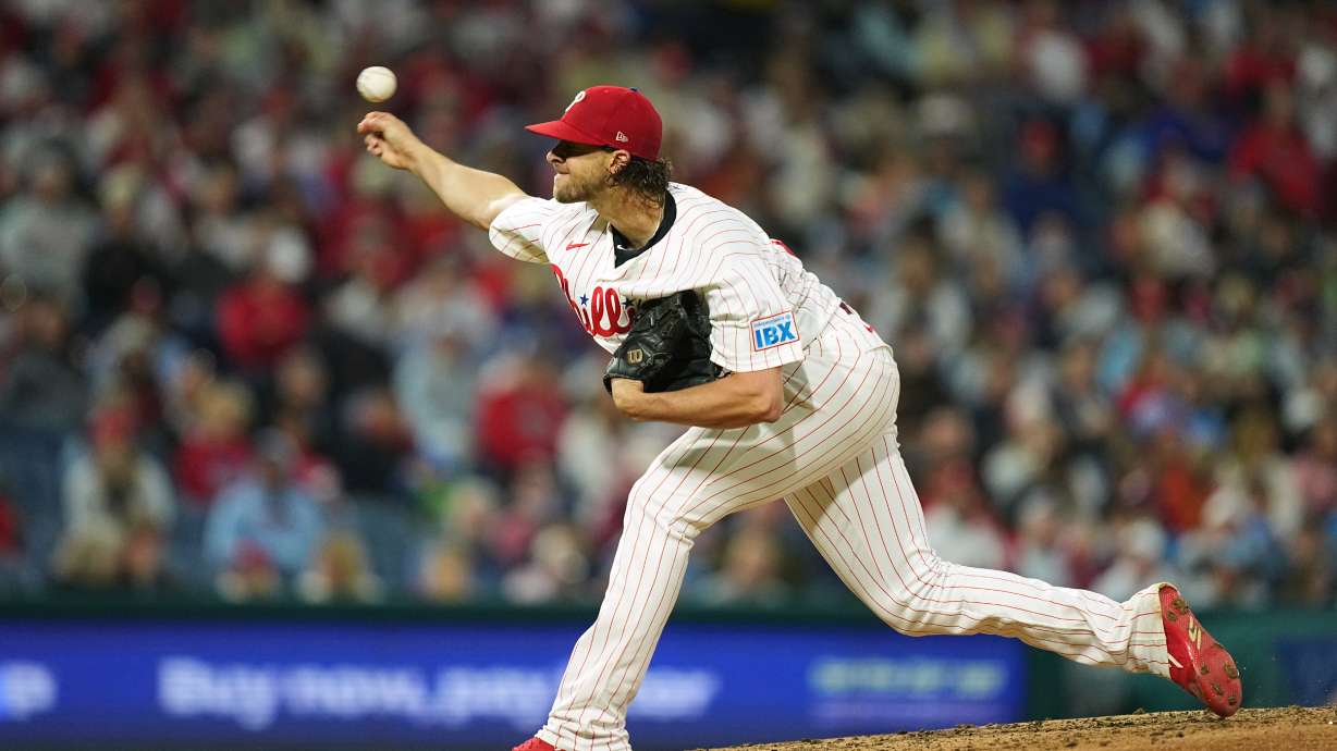 Philadelphia Phillies' Aaron Nola pitches during the fifth inning of a baseball game against the Milwaukee Brewers, Wednesday, Sept. 23, 2026, in Philadelphia.