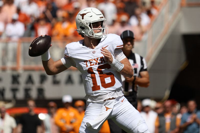Sep 26, 2026; Knoxville, Tennessee, USA;  Texas Longhorns quarterback Arch Manning (16) passes Tennessee Volunteers during the first half at Neyland Stadium.